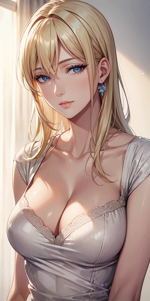 Elegant mature woman, milf, blue eyes, blonde hair, soft light, high detailed, 4k resolution, high quality, beautiful cg