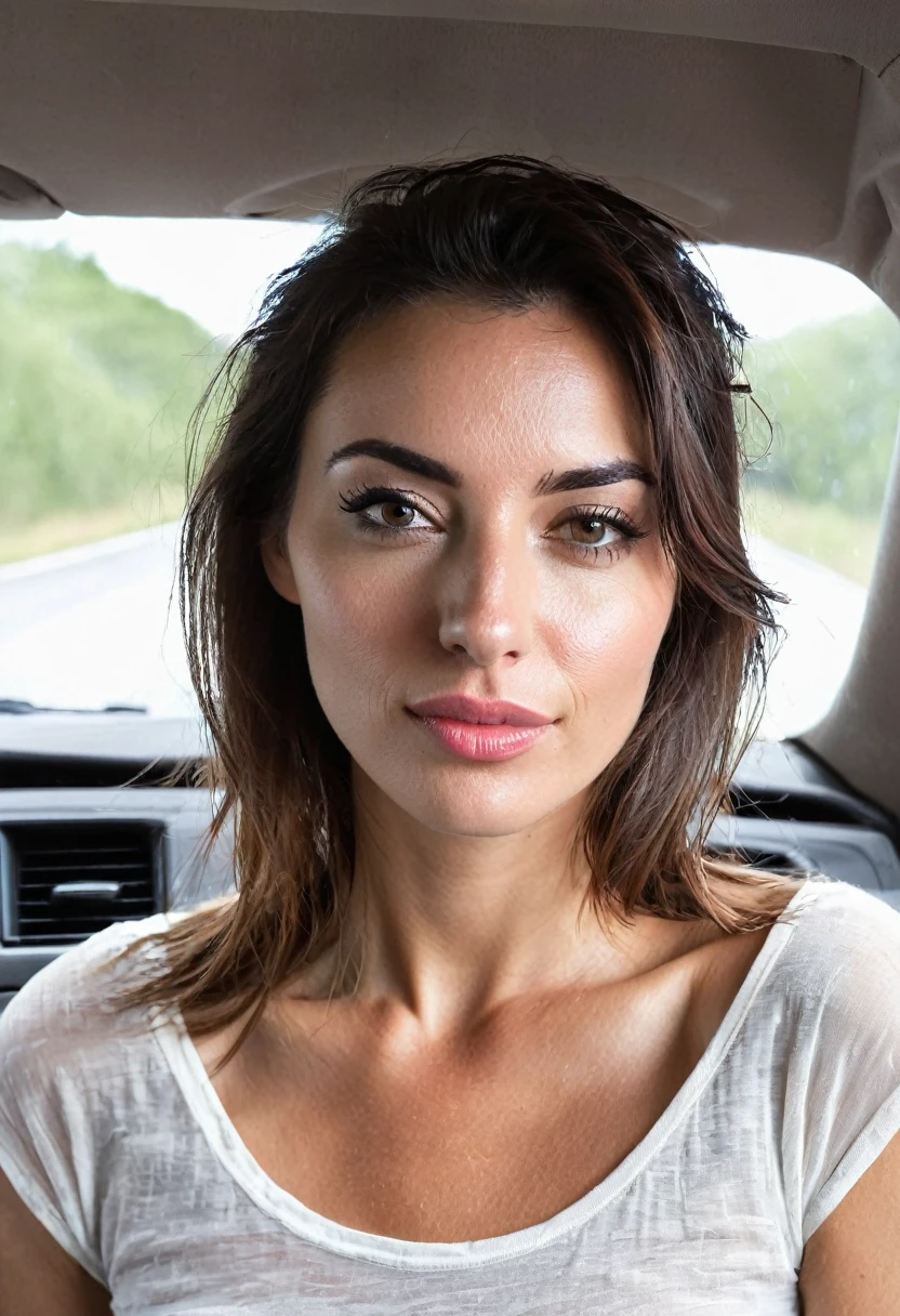 jeune femme, 27 ans,.Elle se trouve dans une voiture il pleut. Elle se tient dans l&#39;eau jusqu&#39;à la taille.. Elle sourit de plaisir, savourant l&#39;eau tiède qui coule sur ses longueurs, Mouillé, rubis, cheveux tressés, ses vêtements et son corps. Beau, Suave, Visage long, grands yeux,lèvres grandes ouvertes, robe d&#39;été rose, une ceinture intensifie votre wesp-taille. Surtout porter du bleu, Trench long, Abri fleuri. (rubis, cheveux très longs, deux tresses ) (dripping Mouillé hair), clothes dripping Mouillé,mouillé, transparent, (voir à travers), seins rigides, ((les mamelons)), sans soutien-gorge, Corps mince