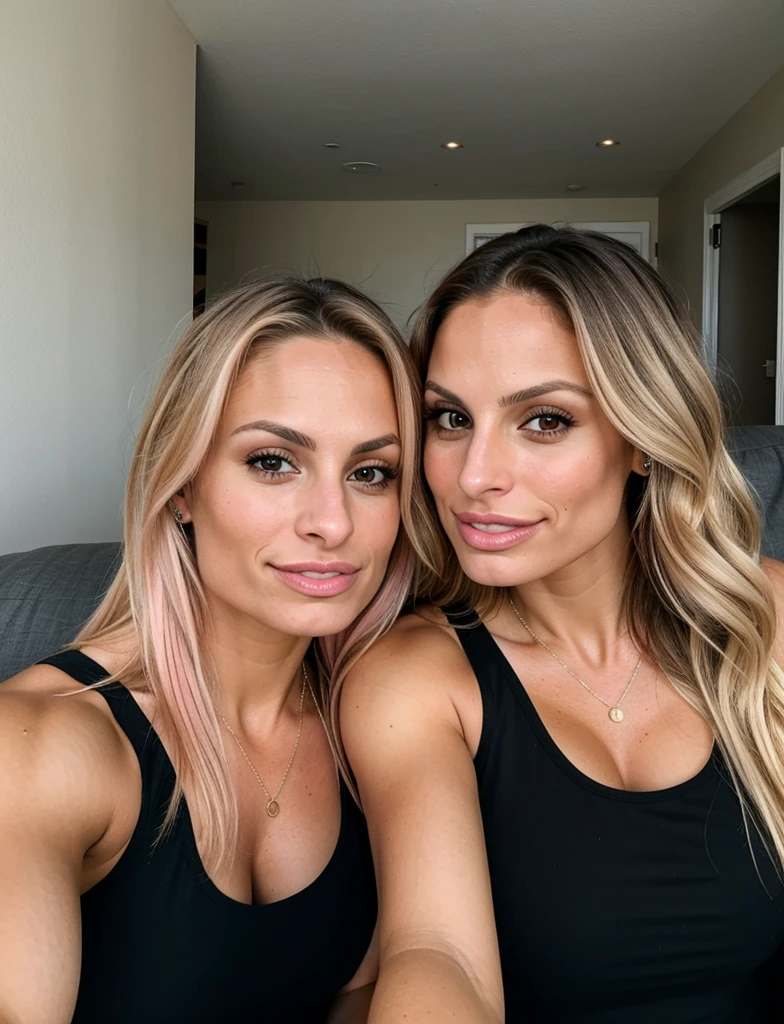 23 year old woman, A Canadian woman, Realistic selfie, raw image, Trish Stratus looks like, medium chest, eyes, Tan skin, pink and slightly blonde hair, on the couch, black tank top, air kiss, air kiss with lips, air kiss into camera
