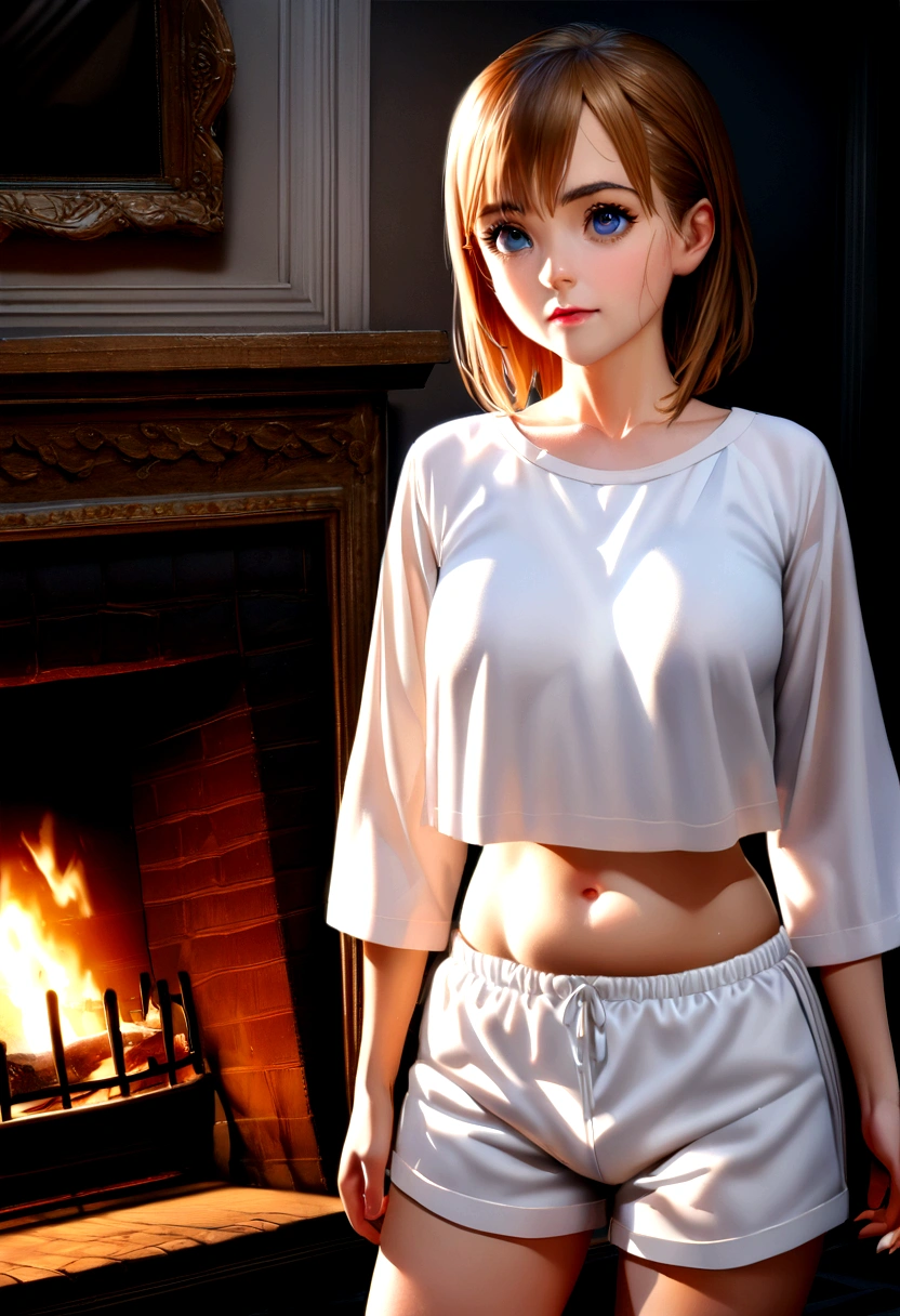 (((Emma Watson))), (very tall slender woman), (she lies on a large sheepskin in front of the fireplace), (she has round breasts), big eyes, (small head), (((she wears a short crop white shirt))), ((wide shirt)), (belly button), ((white wide shorts)), (photorealistic), (ray tracing), (cinema lighting), (sharp focus), collarbone, (detailed face), natural and realistic skin textures, soft face 18 year old girl that looks 15 ten naked in the shower 