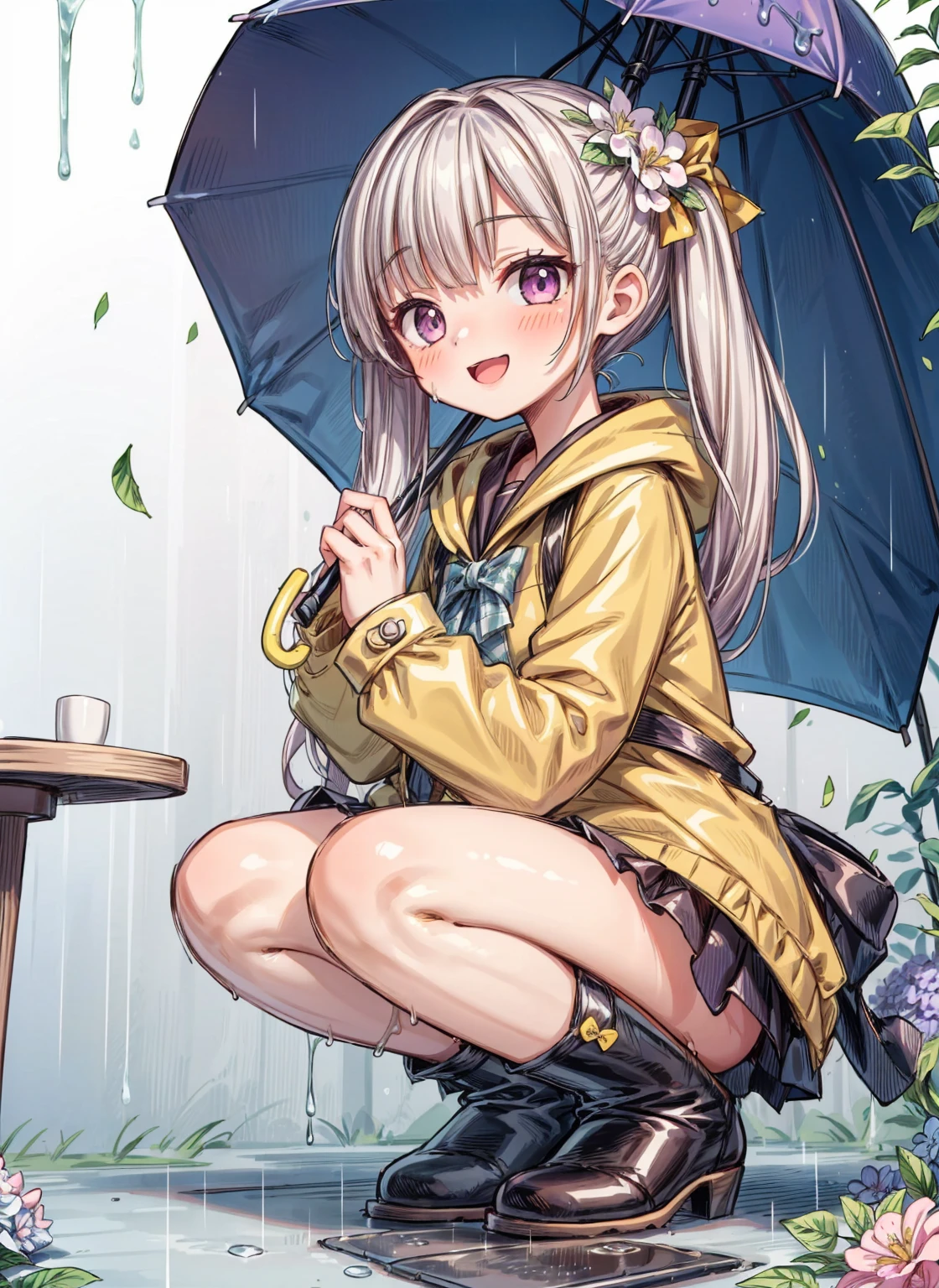 One Girl,rainbow,raincoat,yellow raincoat,rubber Knee-high boots,Hydrangea,flower,Long Hair,Twin tails,Knee-high boots,blush,umbrella,Open your mouth,hair ornaments,Food,alone,Terboz,very Long Hair,Food up,Long sleeve,Low Ponytail,bow,bangs,smile,animal Food,closed umbrella,puddle,Cowboy Shot、squat,:d,Yellow footwear, background,pink flower,Are standing,leaf umbrella,Holding umbrella,food-themed hair ornaments,hair bow,animal ears,Holding,bionde,hair flower,rain,animal,Gray Hair、Light purple eyes、Bob Hair、Laughter、Purple Raincoat、((((heavy,Girl who pees in front of her)))),((Girl peeing forward、A girl urinating vigorously in front of her、Girl urinating a lot in front)), NSFW