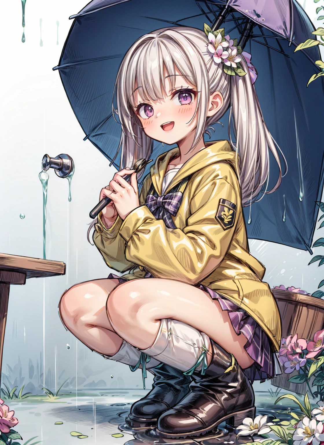 One Girl,rainbow,raincoat,yellow raincoat,rubber Knee-high boots,Hydrangea,flower,Long Hair,Twin tails,Knee-high boots,blush,umbrella,Open your mouth,hair ornaments,Food,alone,Terboz,very Long Hair,Food up,Long sleeve,Low Ponytail,bow,bangs,smile,animal Food,closed umbrella,puddle,Cowboy Shot、squat,:d,Yellow footwear, background,pink flower,Are standing,leaf umbrella,Holding umbrella,food-themed hair ornaments,hair bow,animal ears,Holding,bionde,hair flower,rain,animal,Gray Hair、Light purple eyes、Bob Hair、Laughter、Purple Raincoat、((((heavy,Girl who pees in front of her)))),((Girl peeing forward、A girl urinating vigorously in front of her、Girl urinating a lot in front)), NSFW