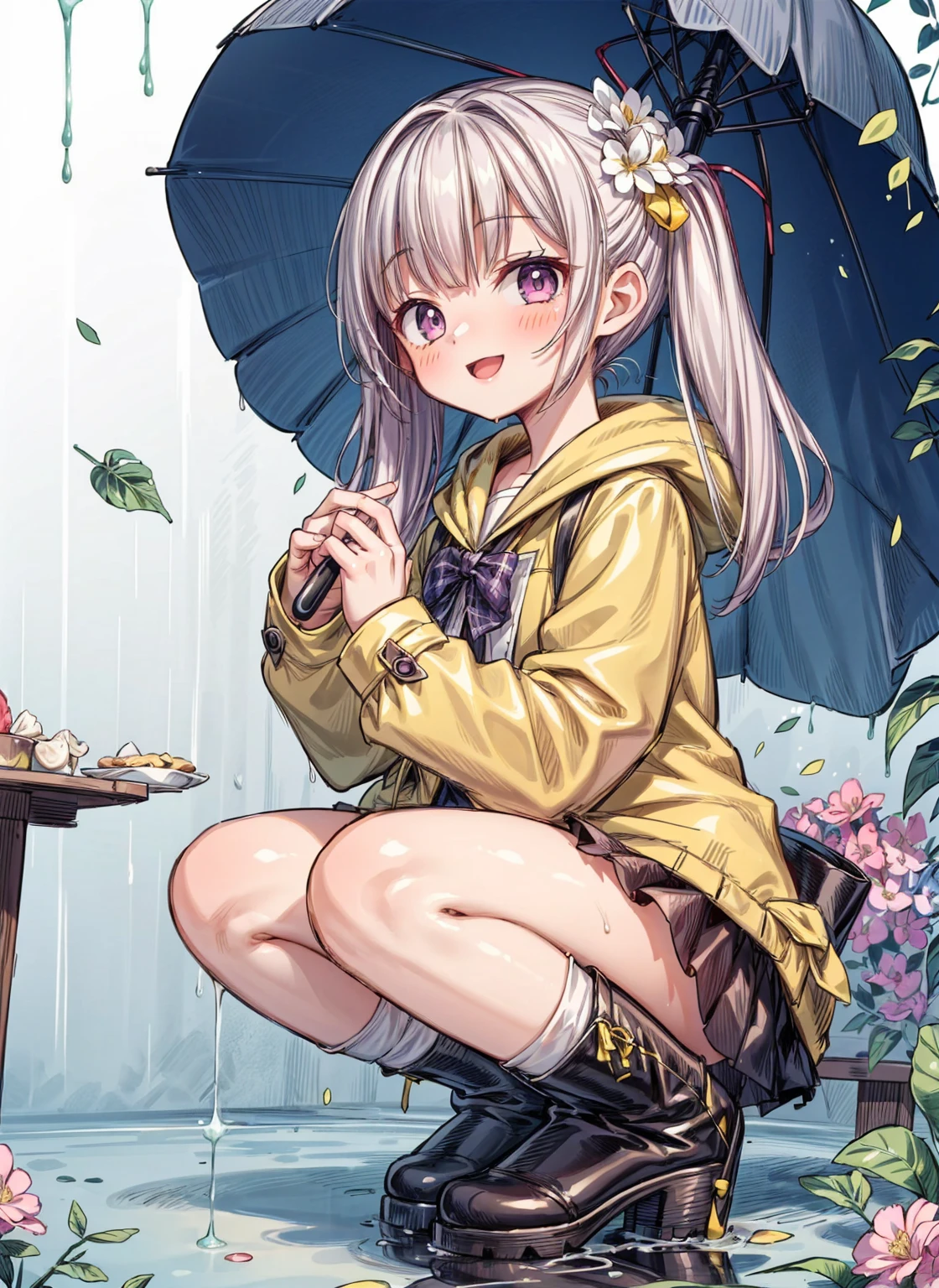 One Girl,rainbow,raincoat,yellow raincoat,rubber Knee-high boots,Hydrangea,flower,Long Hair,Twin tails,Knee-high boots,blush,umbrella,Open your mouth,hair ornaments,Food,alone,Terboz,very Long Hair,Food up,Long sleeve,Low Ponytail,bow,bangs,smile,animal Food,closed umbrella,puddle,Cowboy Shot、squat,:d,Yellow footwear, background,pink flower,Are standing,leaf umbrella,Holding umbrella,food-themed hair ornaments,hair bow,animal ears,Holding,bionde,hair flower,rain,animal,Gray Hair、Light purple eyes、Bob Hair、Laughter、Purple Raincoat、((((heavy,Girl who pees in front of her)))),((Girl peeing forward、A girl urinating vigorously in front of her、Girl urinating a lot in front)), NSFW