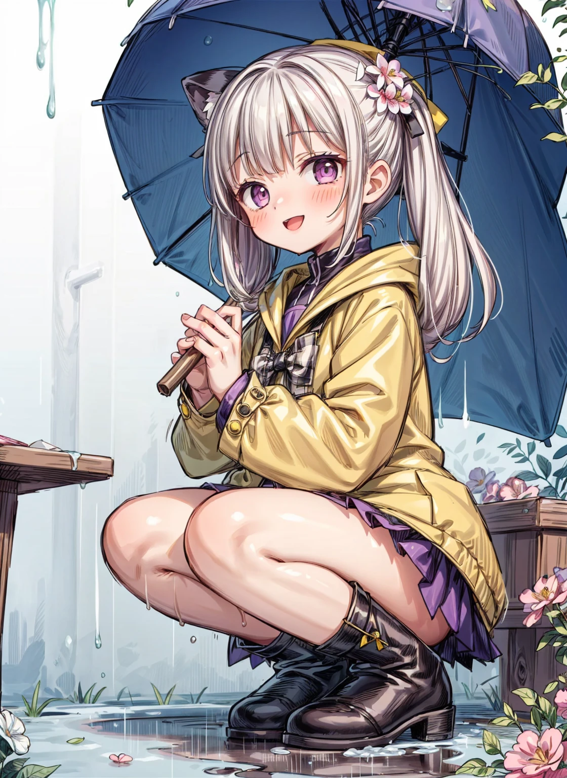 One Girl,rainbow,raincoat,yellow raincoat,rubber Knee-high boots,Hydrangea,flower,Long Hair,Twin tails,Knee-high boots,blush,umbrella,Open your mouth,hair ornaments,Food,alone,Terboz,very Long Hair,Food up,Long sleeve,Low Ponytail,bow,bangs,smile,animal Food,closed umbrella,puddle,Cowboy Shot、squat,:d,Yellow footwear, background,pink flower,Are standing,leaf umbrella,Holding umbrella,food-themed hair ornaments,hair bow,animal ears,Holding,bionde,hair flower,rain,animal,Gray Hair、Light purple eyes、Bob Hair、Laughter、Purple Raincoat、((((heavy,Girl who pees in front of her)))),((Girl peeing forward、A girl urinating vigorously in front of her、Girl urinating a lot in front)), NSFW