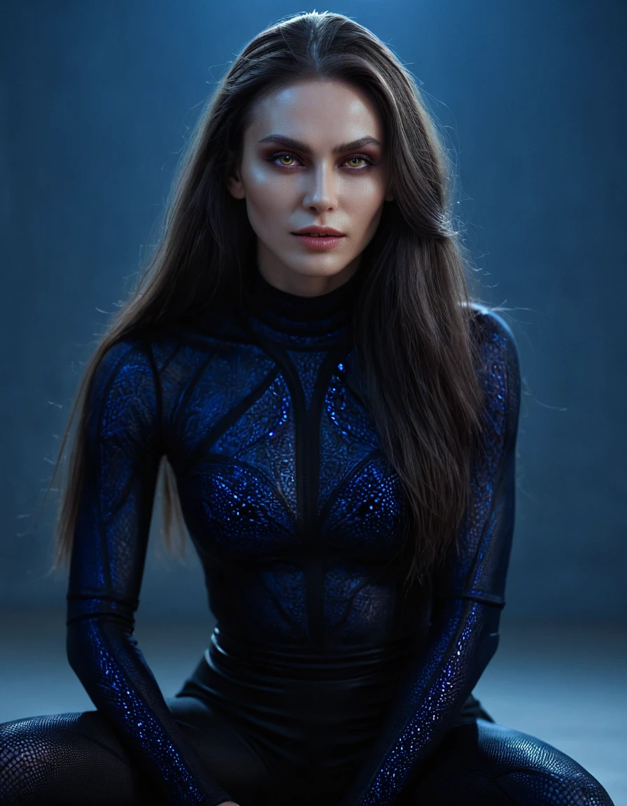 Fashionable of androgynous alien looking witch, glowing eyes, beautiful evil slavic woman, pale skin, long hair, slight smile, futuristic design, minimal details, givenchy, photoreal, 200mm, hd, f/ 2.0, highly detailed, surreal , drop dead, in the style of red and blue, (intricate details, hyperdetailed:1.15) (skin texture:1.2), photography studio,__perspective__, cinematic, professional, 4k, (((dynamic model pose))), sitting, full body, mesmerizing, dynamic, dramatic, sensual, dynamic pose, highly detailed skin with hair, subcutaneous veins, light and shadow play, highly detailed,24mm photograph, film, bokeh, professional, 4k,