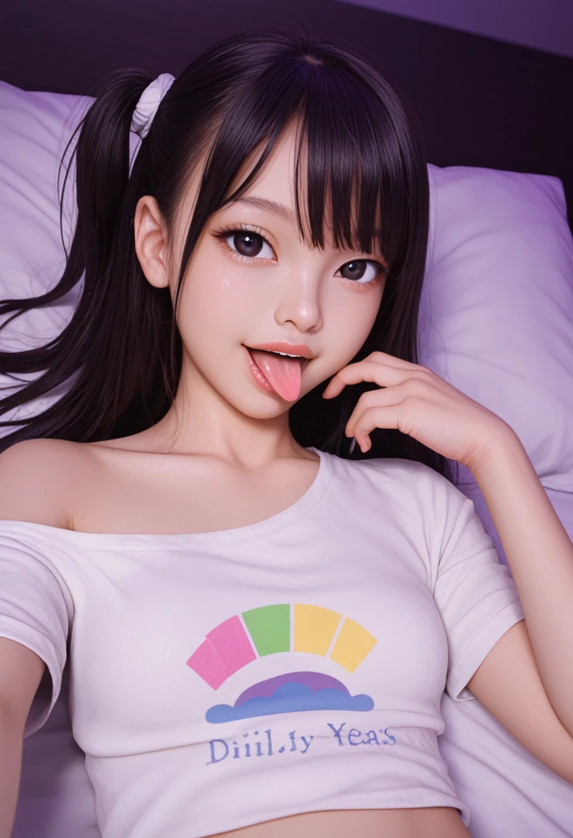 pastel colors t-shirt,off-shoulder look,bare shoulder,ollarbone,midriff peek,string panties,(open mouth:1.5),(tongue out:2),lying,Selfie,front view,upper body,(1girl,Beautiful 14 year old girl),((Slender,Small breasts,Small face,)),(looking at viewer),Black Hair,bangs,one side up,Beautiful and detailed,(Dimly lit room:1.5),Simple Background,White bed,pillow,Mischievous smile