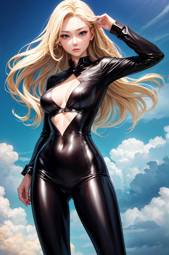 Highest quality,High quality,Realistic,28-year-old Japanese woman,Model-like body,slender,Gal,Blonde,Long Hair,Black tight clothing,Depicted so that the whole body is visible