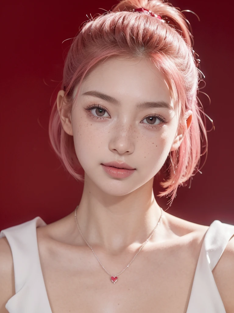 Background ( Red wall witha Huge poster of Japanese Samurai ) , standings in front of the poster , professional modeling,  front view , distance view,wearing ( Red dress), looking innocent, smiling, cute girl short pink hair,all her hair short pink , with a star clip in her pink hair, light colored eyes, pretty eyes, happy eyes, pretty, upturned nose, watery nose, Pretty lips, pink lips, heart and cupid shaped lip, pretty skin, pale, White skin, with moles and freckles all over his face, soft pink blush on the cheeks, natural pink blush, soft pink makeup, Jennie, nice neck, frown, tender look, with a kiss necklace, while having a bare abdomen, Delgado, marked and pretty, (big breasts, soft breasts, nice breasts), photorealism, 8k , photorealistic , show clearly,