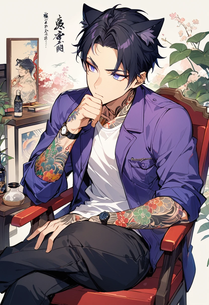 1man, short black hair, cat ears, bright blueviolet eyes, wearing a blueviolet casual jacket, wearing a white undershirt, wearing black pants , wearing a vintage blueviolet watch, thinking pose, japanese style tattoos, colorfull tattoos, tattoos all over the arms, sitting in chair