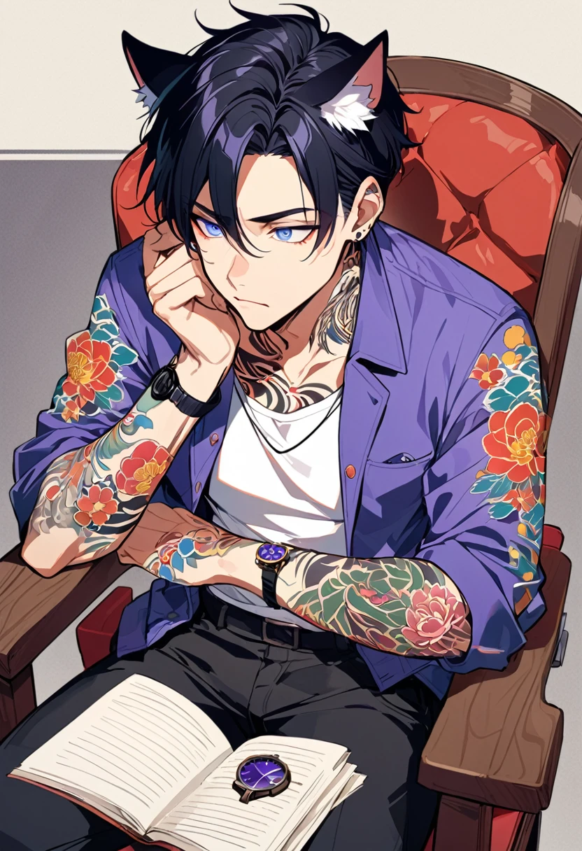 1man, short black hair, cat ears, bright blueviolet eyes, wearing a blueviolet casual jacket, wearing a white undershirt, wearing black pants , wearing a vintage blueviolet watch, thinking pose, japanese style tattoos, colorfull tattoos, tattoos all over the arms, sitting in chair