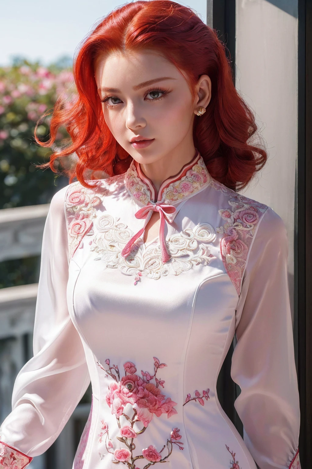 ((absurd quality,16k,highres,masterpiece:1.2),ultra details:1.3),UHD,(realism,photorealistic), (1woman:1.3 22-year-old),. BREAK, ((Fujicolor、daytime soft lighting)、fashion supermodel、(curly red hair, (slicked to the side), intricate details:1.4),. BREAK, (pink_makeup:1.25),. BREAK, ((Classic and sexy (white) cheongsam)、Detailed decoration:1.2)),. (Fitted clothing:1.3)、dynamic pose、(close-up of her face), no decorations in the hair, dark shot:1.1,
