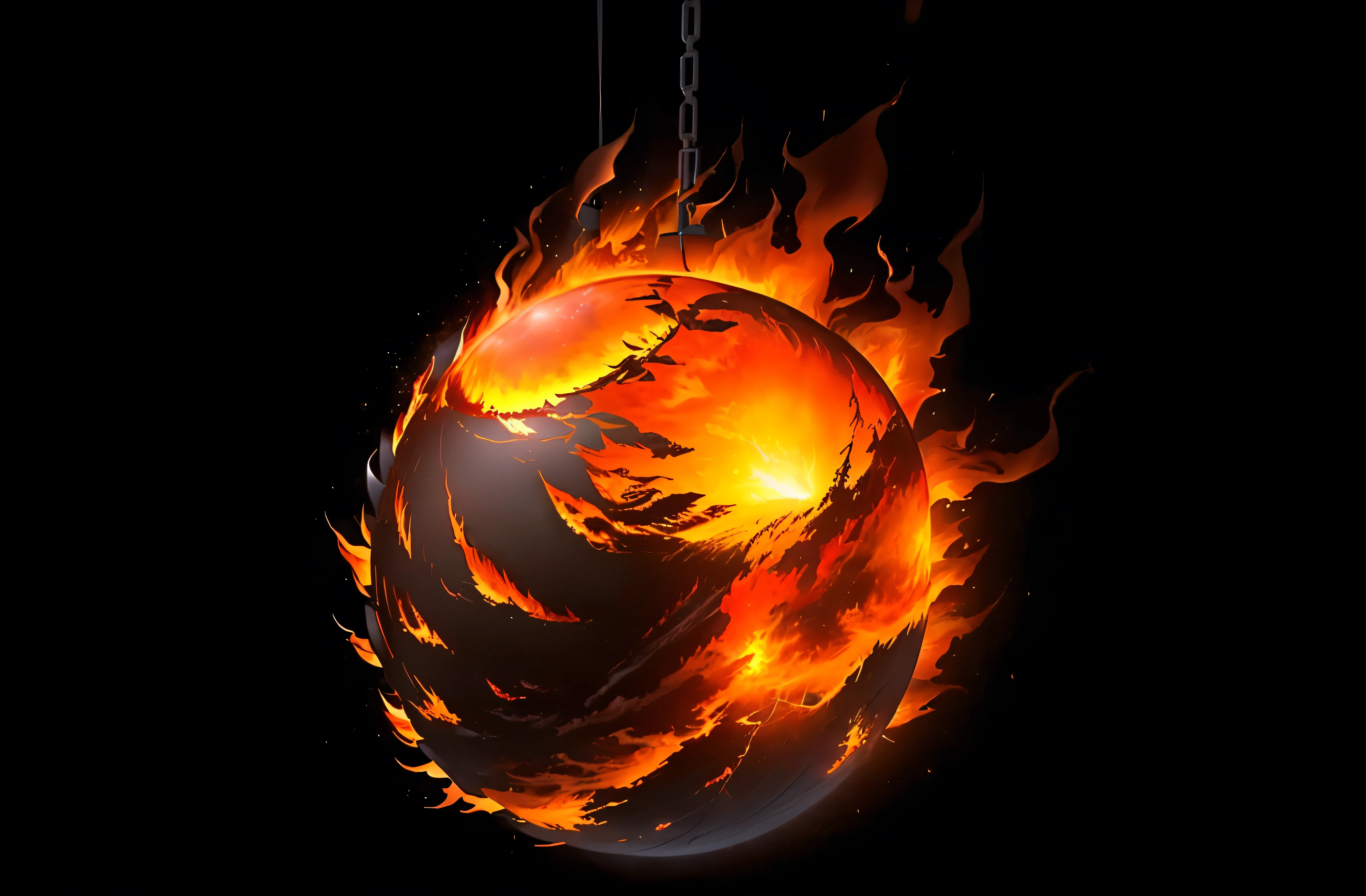 The ball of fire appears almost suspended in the darkness, its flames illuminating the blackness around it with a fiery glow