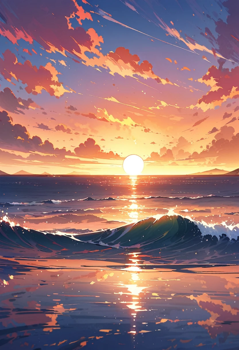 (masterpiece, Highest quality:1.2), ,cloudy_null,Slope_null, horizon,Ocean, orange_null,evening, purple_null, red_null, reflection, scenery,sun, sunlight,,masterpiece,Highest quality,Super detailed, Perfect lighting,reflection,