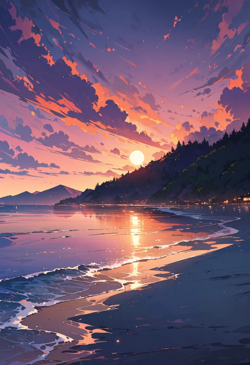 (masterpiece, Highest quality:1.2), ,cloudy_null,Slope_null, horizon,Ocean, orange_null,evening, purple_null, red_null, reflection, scenery,sun, sunlight,,masterpiece,Highest quality,Super detailed, Perfect lighting,reflection,