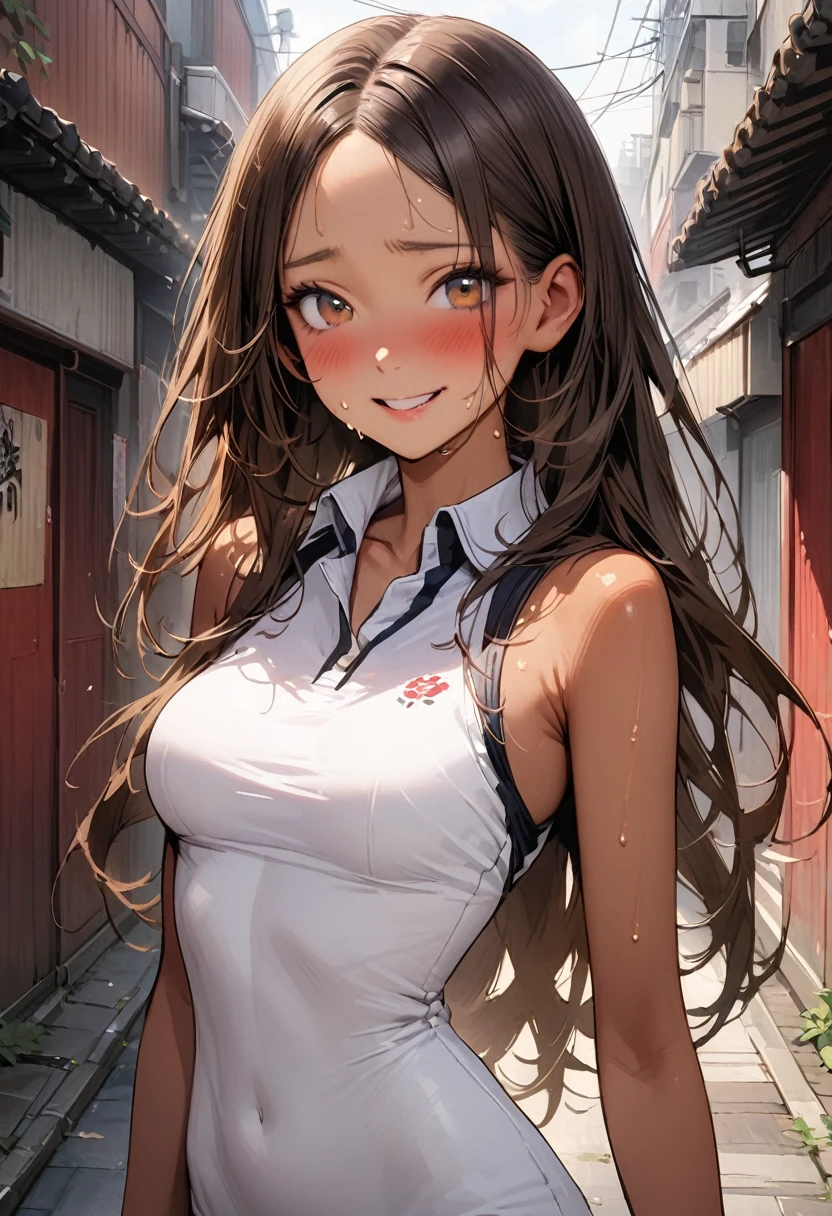 ((masterpiece,Highest quality:1.3,best quality illustration,realistic)),cowboy shot,独奏,1woman,(Age 25、Japanese Beauty)、brown hair,long hair,center parted bangs,brown eyes,gorgeous eyes,((very small head:1.3)),blush,shy,smile,((very long body:1.2,skinny)),medium breasts,(tan skin:1.4), (gleaming skin,toned body,slender body),sweat,(White sleeveless polo mini dress),walk、Alley、Tokyo、