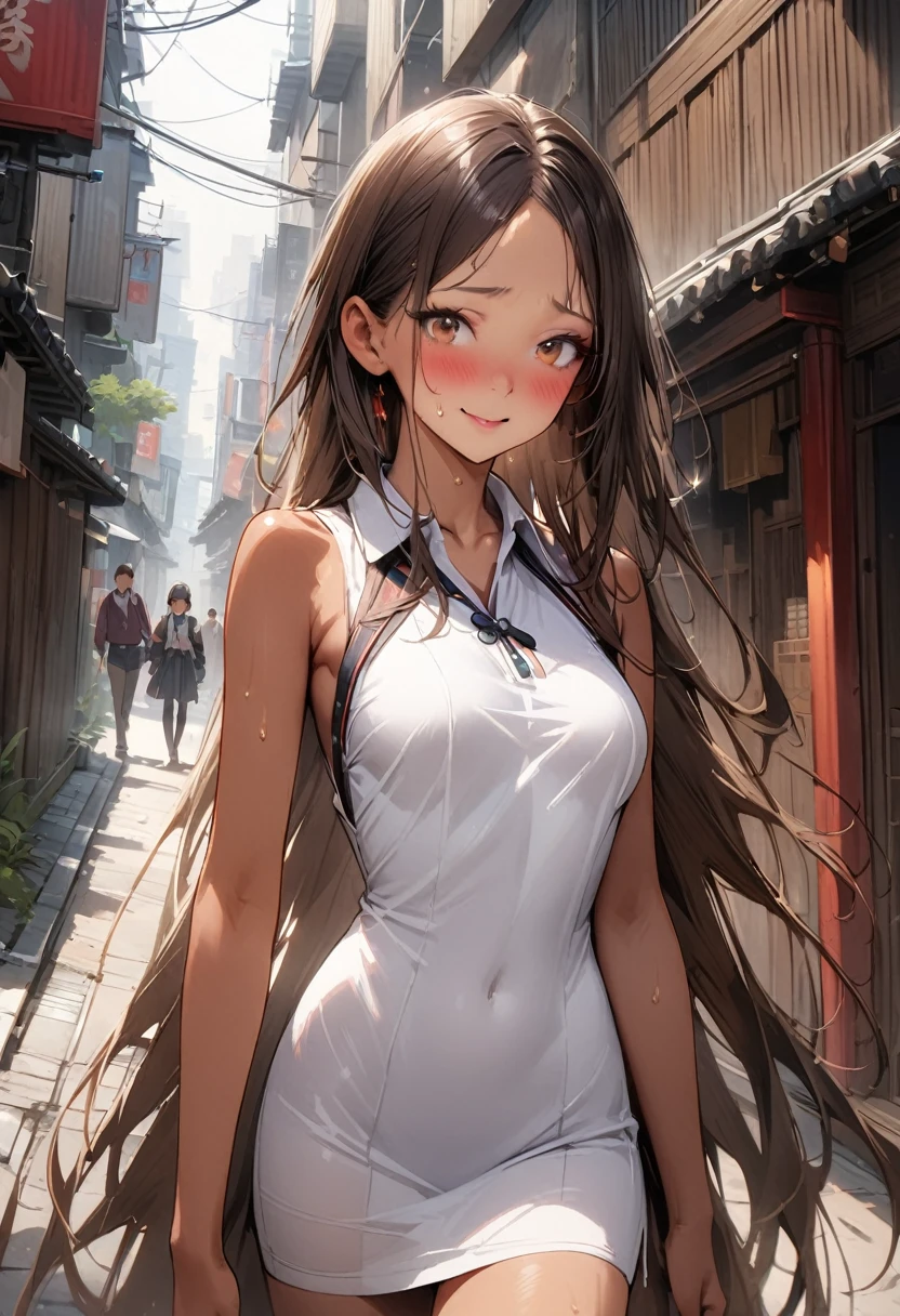 ((masterpiece,Highest quality:1.3,best quality illustration,realistic)),cowboy shot,独奏,1woman,(20-year-old、Japanese Beauty)、brown hair,long hair,center parted bangs,brown eyes,gorgeous eyes,((very small head:1.3)),blush,shy,smile,((very long body:1.2,skinny)),medium breasts,(tan skin:1.4), (gleaming skin,toned body,slender body),sweat,(White sleeveless polo mini dress),walk、Alley、Tokyo、
