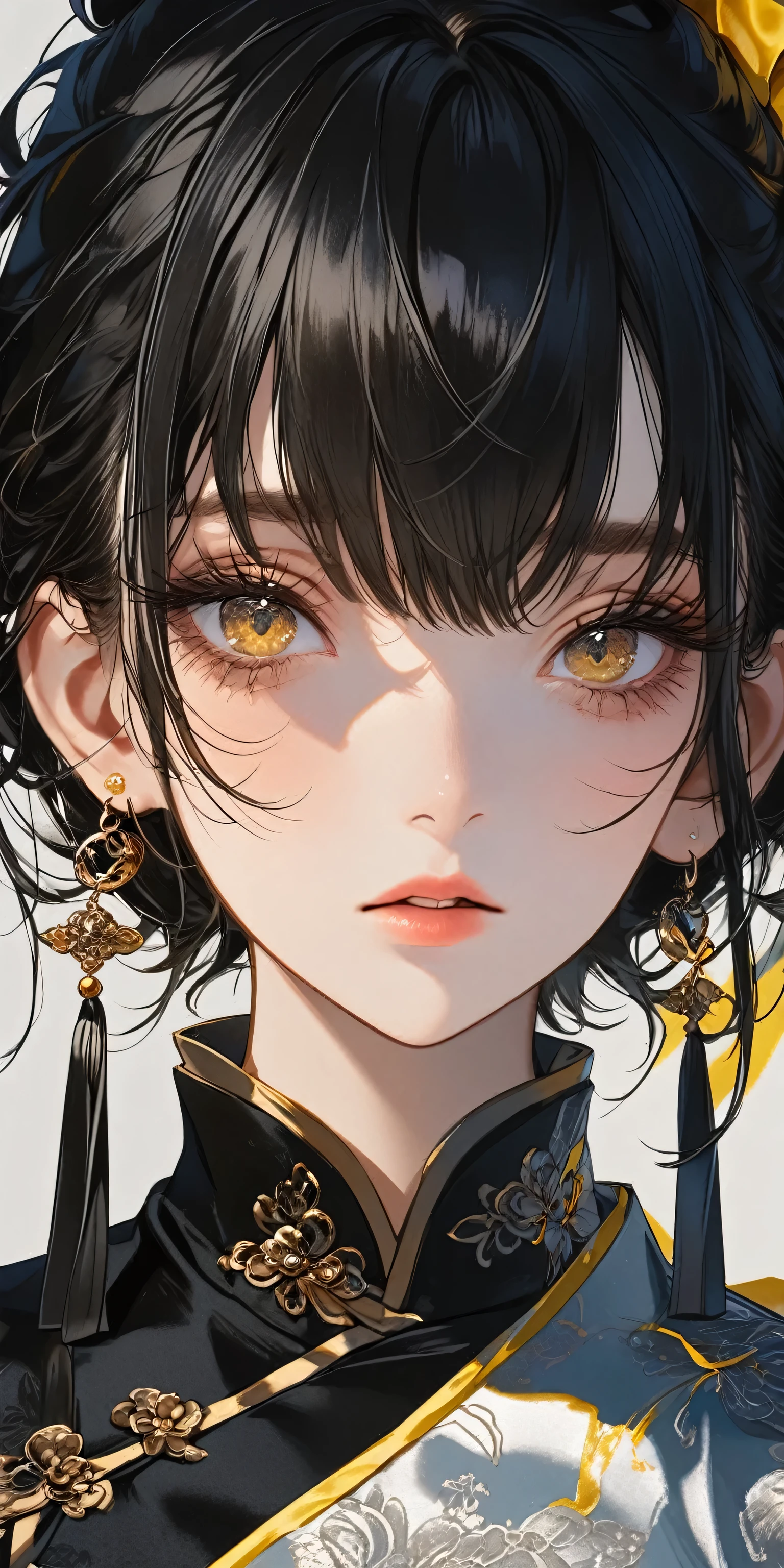 1girl, solo, short hair, bangs, black hair, ribbon, hair between eyes, jewelry, Chinese clothes, upper body, earrings, yellow nail, blurry, eyelashes, black ribbon, half open eyes, portfolio, portrait, album cover,