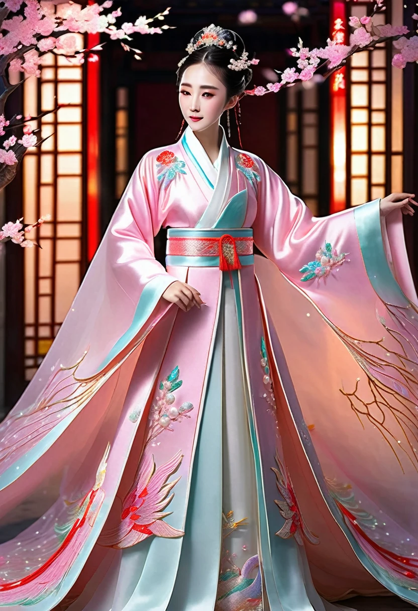 stunning hanfu wedding cloak embroidered with translucent crystals sparkling pearl crystals sparkling like a diamond phoenix lifelike, dragging a 2m dress with its beautiful and noble ice pink magic octane presents a surreal lighting background 16k --v 4 --ar 2:3