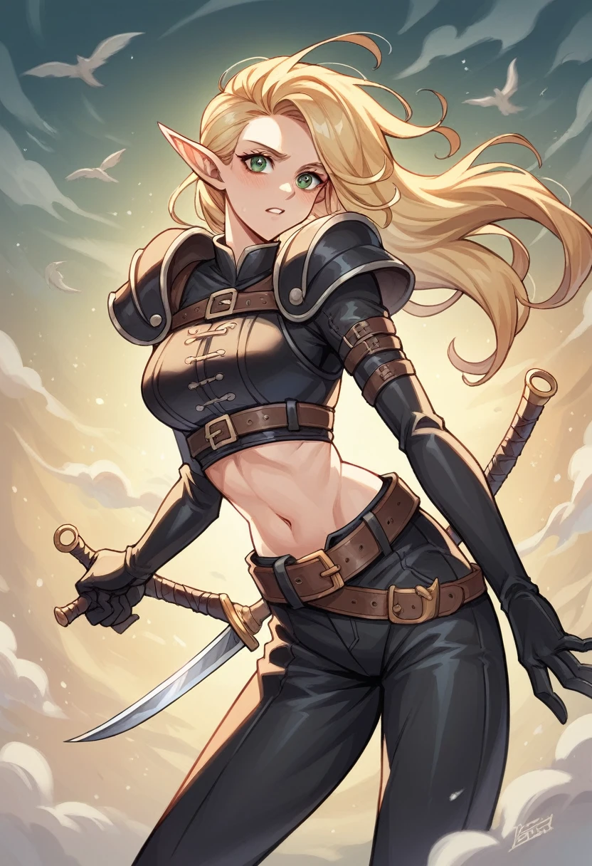The 16 year old elf heroine is a striking figure with her tousled blonde hair framing her face in a short, lively hairstyle. Her slim build hints at her agility and flexibility, essential traits for her adventurous life. Clad in the rugged attire of a medieval fantasy highwayman, she exudes a rough charm. Her dark, weathered clothes are complemented by protective black leather armor, adding an air of danger and mystery. The gleam of throwing knives strapped to her belt serves as a stark reminder of her lethal proficiency and readiness for action.