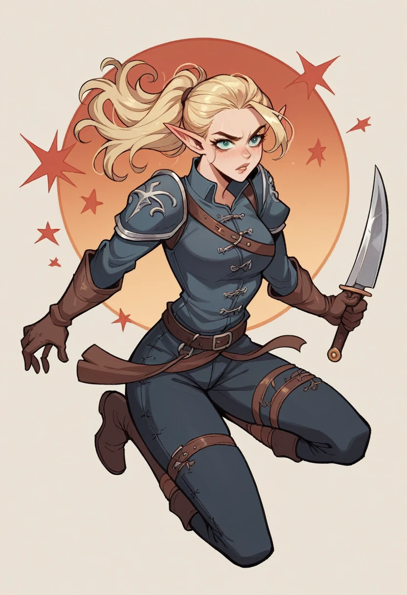 The 16 year old elf heroine is a striking figure with her tousled blonde hair framing her face in a short, lively hairstyle. Her slim build hints at her agility and flexibility, essential traits for her adventurous life. Clad in the rugged attire of a medieval fantasy highwayman, she exudes a rough charm. Her dark, weathered clothes are complemented by protective black leather armor, adding an air of danger and mystery. The gleam of throwing knives strapped to her belt serves as a stark reminder of her lethal proficiency and readiness for action.