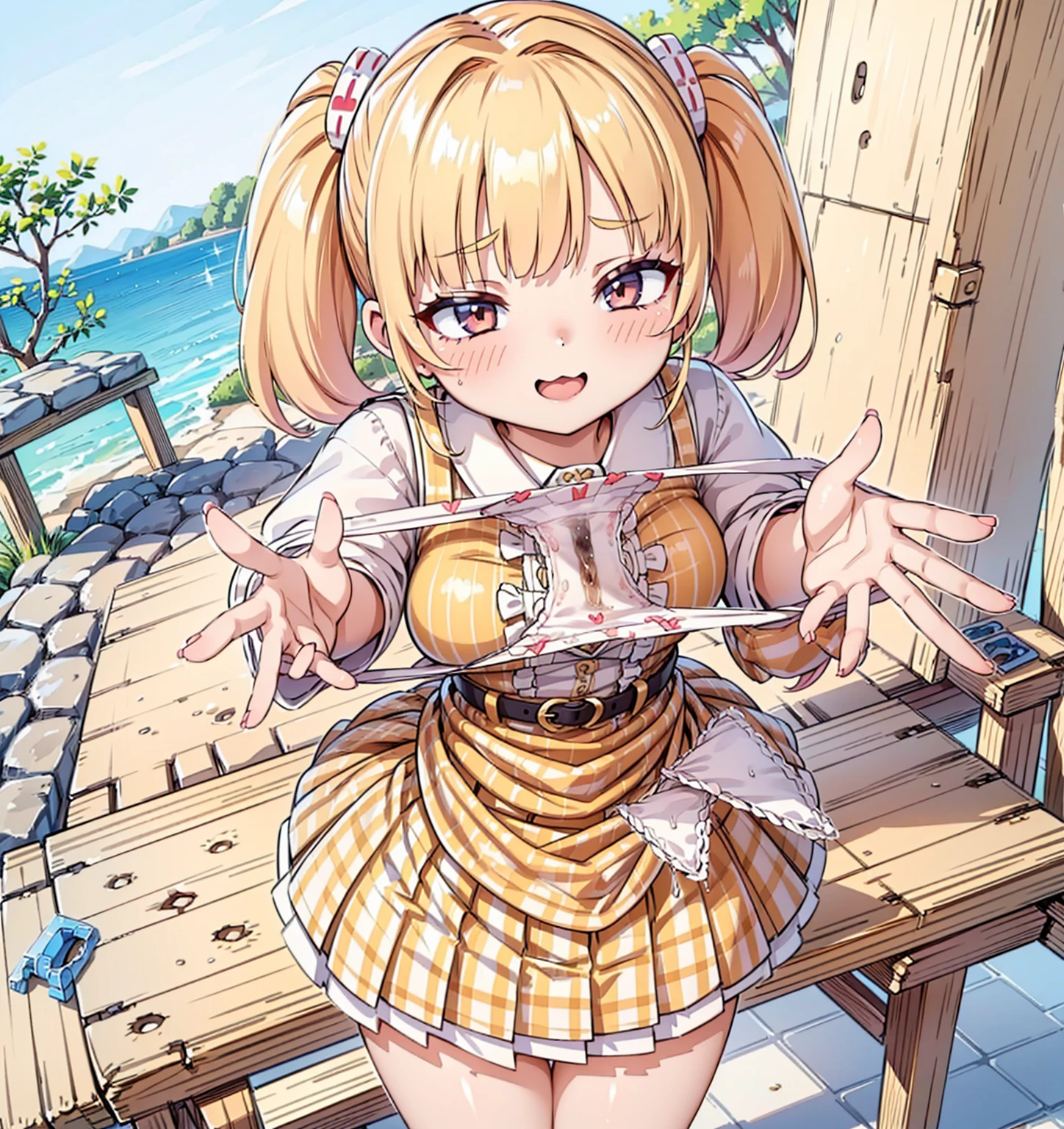 bionde, {{{Half Twin Tail:1.3}}}、shirt, blush, white shirt, hair ornaments, Manicure, Plaid skirt, Pleated skirt,
,Pay attention to the panties,
Looking down,View your audience,Panties as a gift,Tabletop, Highest quality, Perfect Skin, Detailed skin texture, Super detailed, 8K, Intricate details, Beautifully detailed face,High resolution,
Looking down at the viewer, masterpiece, (Panties are stained with pee)、(Pussy、Love Juice)、(body odor),perfect hands,(((1 girl,alone)))