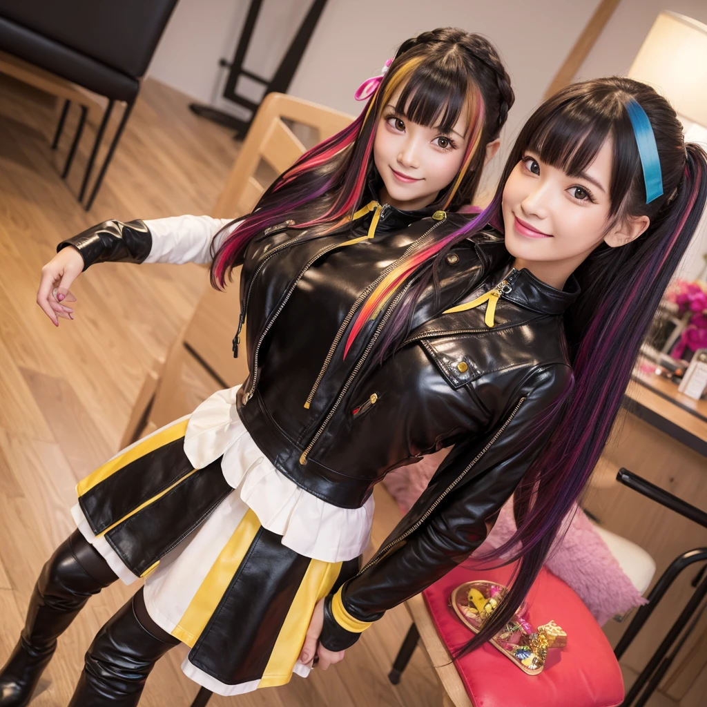 bangs down,beautiful girl,Maid clotheasterpiece,Standing posture,Hands in pockets,perfect face,perfect breasts,long hair,Long leather trousers,Colorful clothes,Outstanding style,stimulating,Cute outfits,Horny girl,double eyelid,Naughty Girls,Erotic and cute,mini skirt,ribbon on uniform,colorful hair color,yellow eyes,leather jacket,horny girl,Knee-high boots,
Colorful,multicoloured,future fashion,smile,,zipper bra,Multicolored clothing