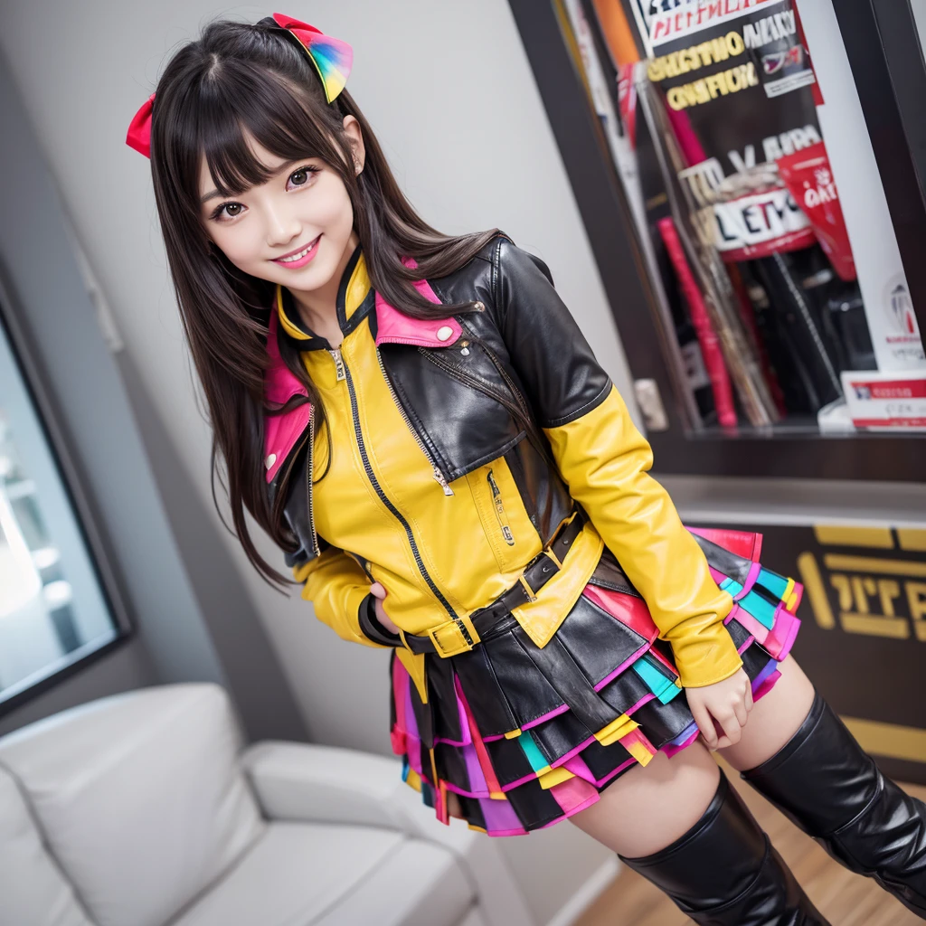 bangs down，beautiful girl，Maid clotheasterpiece，Standing posture，Hands in pockets，perfect face，perfect breasts，long hair，Long leather trousers，Colorful clothes，Outstanding style，stimulating，Cute outfits，Horny girl，double eyelid，Naughty Girls，Erotic and cute，mini skirt，ribbon on uniform，colorful hair color，yellow eyes，leather jacket，horny girl，Knee-high boots，
Colorful，multicoloured，future fashion，smile，，zipper bra，Multicolored clothing