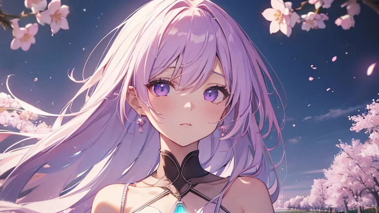 (high resolution, Practical, 4K, Extremely detailed, masterpiece:1.2),1 hermaphrodite girl, Spirit, Unisex, Shiny purple eyes, pink medium length hair, shoulder-length, White Dress,  clothes, floating dress, Fleeting, Transparent girl, nihilistic, expressionless, poker face, Dynamic poses, phosphorescence, Magic Aura, Light Particles, Full of cherry blossom trees,  and Silent, Mysterious background, Dramatic Lighting, Magical atmosphere, Bright colors, Charming beauty