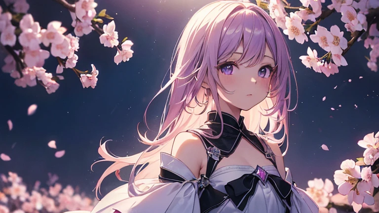 (high resolution, Practical, 4K, Extremely detailed, masterpiece:1.2),1 hermaphrodite girl, Spirit, Unisex, Shiny purple eyes, pink medium length hair, shoulder-length, White Dress,  clothes, floating dress, Fleeting, Transparent girl, nihilistic, expressionless, poker face, Dynamic poses, phosphorescence, Magic Aura, Light Particles, Full of cherry blossom trees,  and Silent, Mysterious background, Dramatic Lighting, Magical atmosphere, Bright colors, Charming beauty