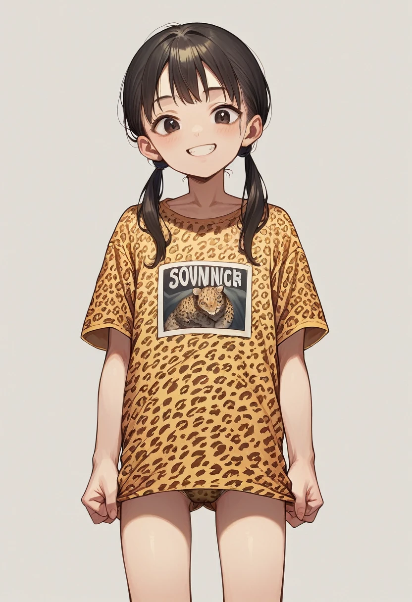(Young girl ,low length,Improve)) ,Flat Chest,((Black Twintails,))Browsing Caution,Heavy Set,Leopard print shirt、smile