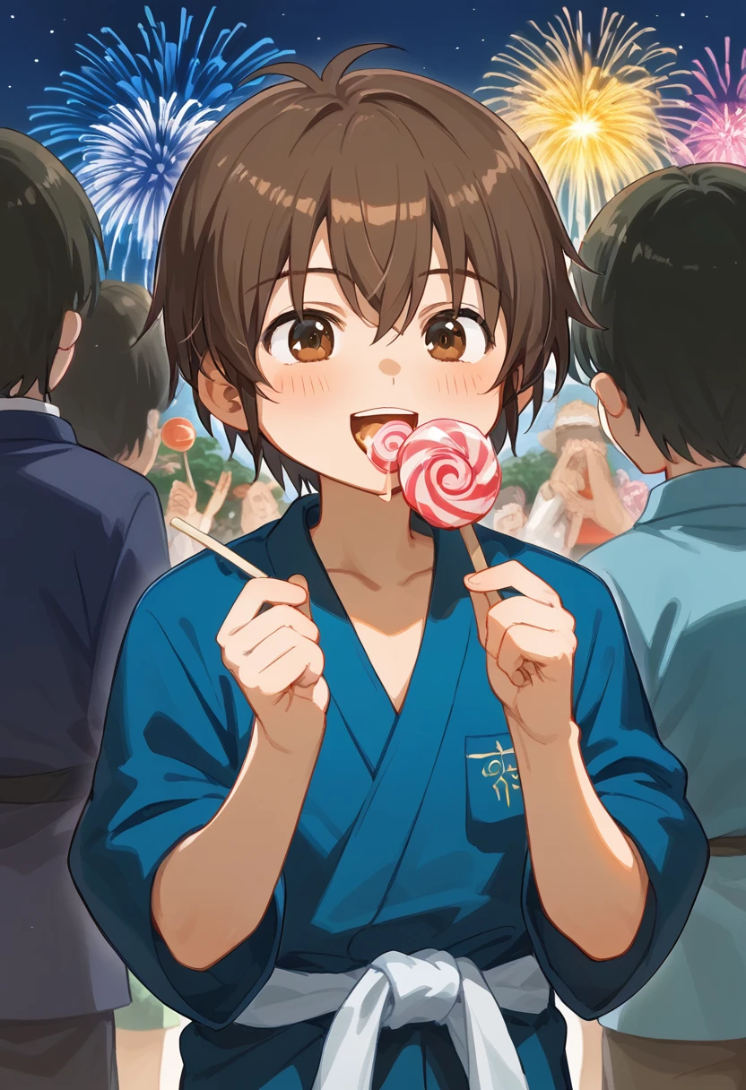 anime, 一peopleの***, Handa Shinichi, Brown Hair, Brown eyes, stop temporarily,cotton candy (background, ・色とりどりの花火が夏祭り会場のColor the night sky. ・Fireworks soar high into the sky、Color the night sky. ・The summer festival scene is depicted with a focus on boys.. ● Stalls and stalls are lined up, そしてpeople々seems to be enjoying. ), (people, A man wearing a yukata stands under fireworks. Late teens to early twenties, -A man has a huge piece of cotton candy in her hand. ), (Four fingers and thumb:1.3), (cotton candy, ・((The man is holding her face size over cotton candy:1.3), (massive size cotton candy:1.5)). ・cotton candyは真っ白でふわふわ, It smells sweet when you put it in your mouth. ), Open your mouth:1.25, (expression, ・The man is eating cotton candy with relish. The boy has a smile of satisfaction on his face.. ),