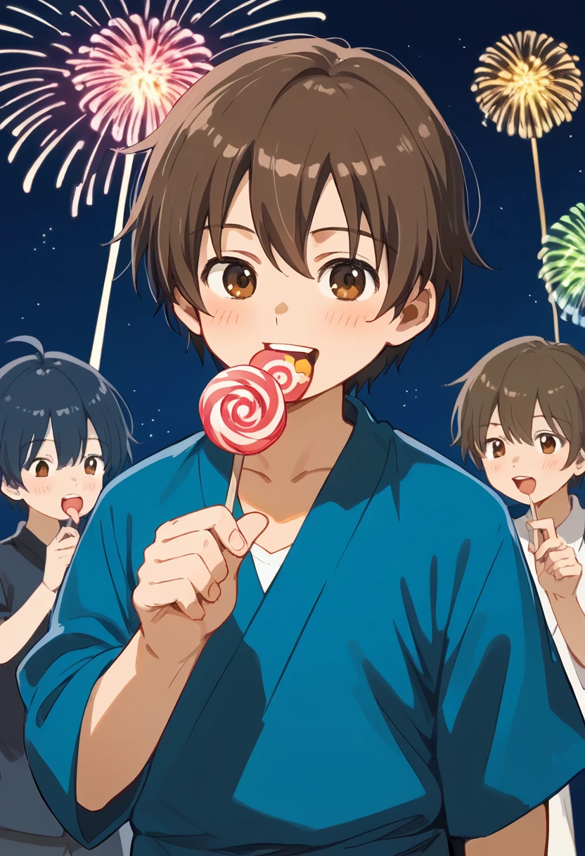 anime, 一peopleの男の子, Handa Shinichi, Brown Hair, Brown eyes, stop temporarily,cotton candy (background, ・色とりどりの花火が夏祭り会場のColor the night sky. ・Fireworks soar high into the sky、Color the night sky. ・The summer festival scene is depicted with a focus on boys.. ● Stalls and stalls are lined up, そしてpeople々seems to be enjoying. ), (people, A man wearing a yukata stands under fireworks. Late teens to early twenties, -A man has a huge piece of cotton candy in her hand. ), (Four fingers and thumb:1.3), (cotton candy, ・((The man is holding her face size over cotton candy:1.3), (massive size cotton candy:1.5)). ・cotton candyは真っ白でふわふわ, It smells sweet when you put it in your mouth. ), Open your mouth:1.25, (expression, ・The man is eating cotton candy with relish. The boy has a smile of satisfaction on his face.. ),