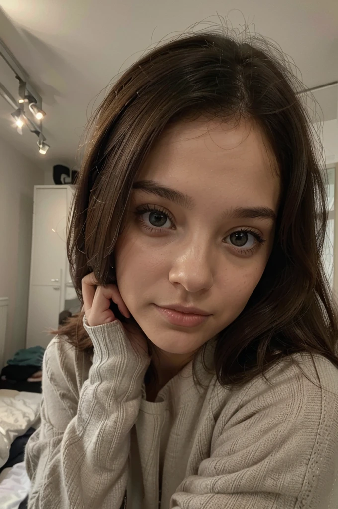 Tu vas me créer une fille de 20 ans, latina, brune aux cheveux long et brun. Elle doit être réelle avec la meilleure qualité. Elle doit être légèrement maquillée, mais elle doit avoir un visage doux et très beau. Elle doit être dans sa chambre mais elle ne doit pas ressembler à une intelligence artificielle