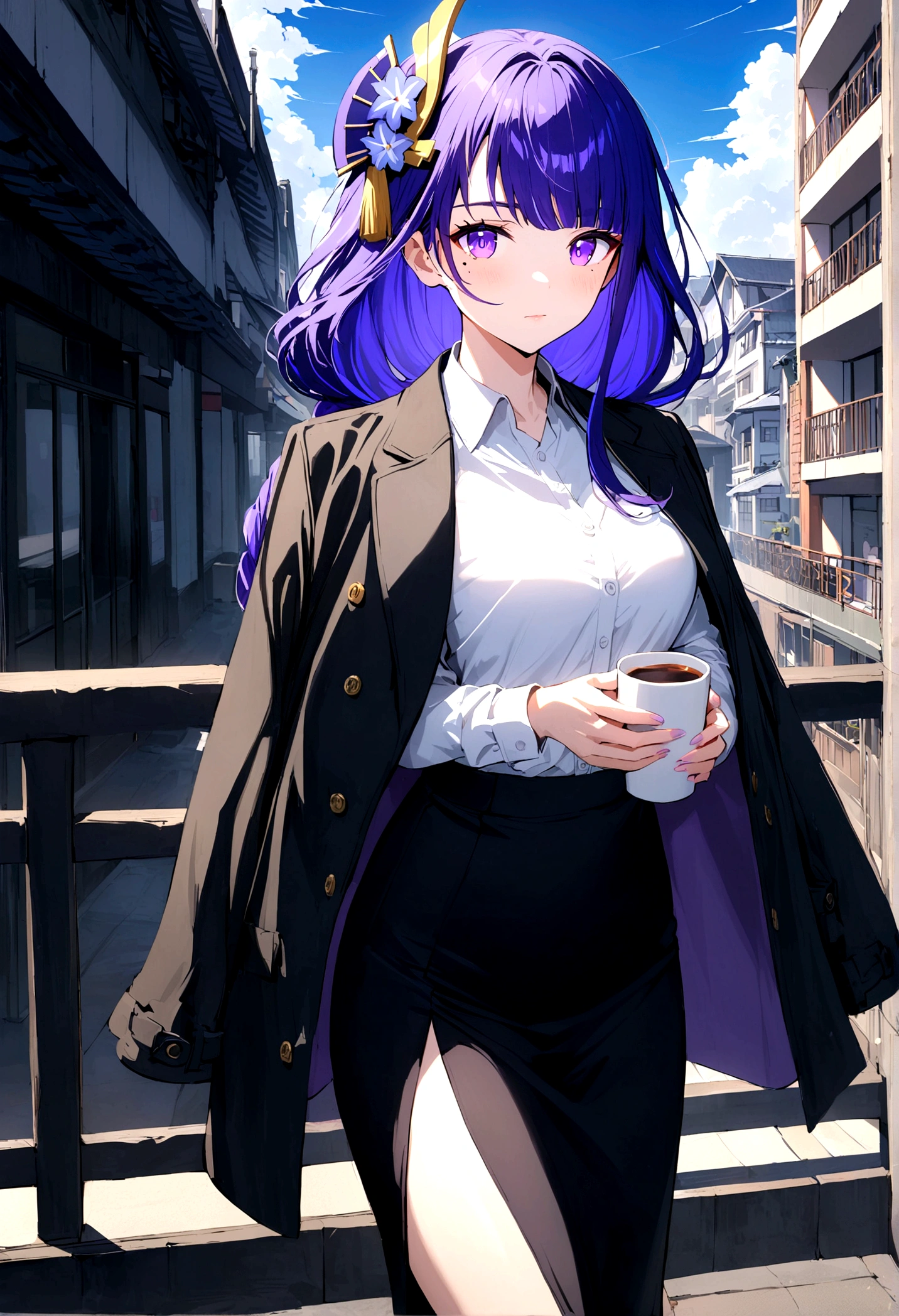 Nude full-body.
Very thin, small breasts, thin legs Pink straight hair, brown eyes, A short skirt with a checkered pattern, a tie of the same color as the skirt, and a navy blue blazer.Female genitalia exposed. A city in ruins at night.Holding a handheld transceiver, wearing a wired headset for communication on the head, with an anarchic color scheme.