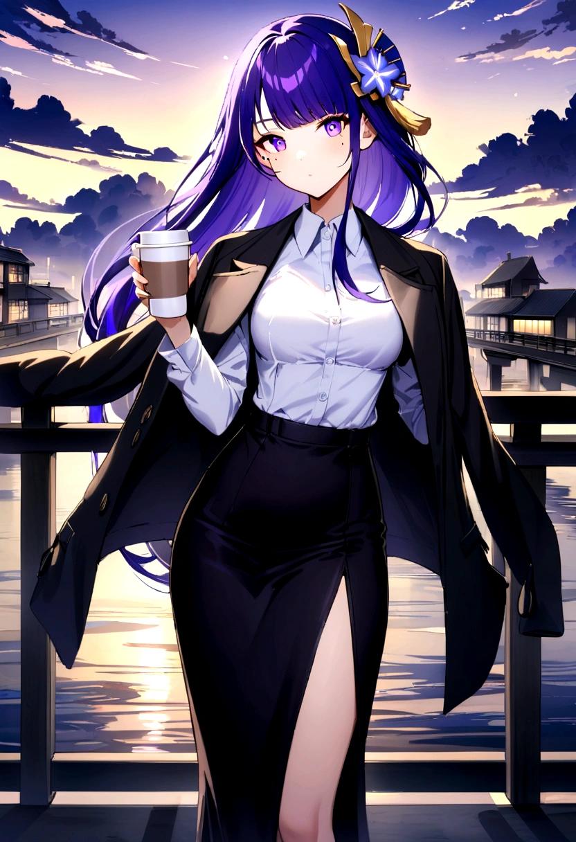raiden shogun, cowboy shot, collared shirt, railing, hair flower, holding cup, coat on shoulders, looking at viewer, long hair, purple hair, mole, closed mouth, black jacket, cloud, black maxi skirt, coffee cup, sky, maxi skirt, hair ornament, jacket, long sleeves, solo, white shirt, purple eyes, shirt, pencil maxi skirt, mole under eye, office lady, outdoors, 1girl, jacket on shoulders, standing full body