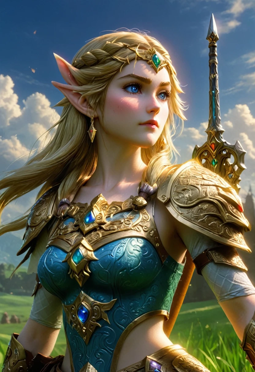 high details, best quality, 16k, [ultra detailed], masterpiece, best quality, (extremely detailed), full body, ultra wide shot, photorealistic, , fantasy art, dnd art, rpg art, realistic art, a wide angle, (((anatomically correct))) a wallpaper of an Princess Zelda, ready for battle with her mount (intense details, Masterpiece, best quality: 1.5),Princess Zelda (intense details, Masterpiece, best quality: 1.5), ultra detailed face, ultra feminine, fair skin, exquisite beauty, gold hair, long hair, wavy hair, small pointed ears, dynamic eyes color, wearing heavy mech armor, shinning metal, armed with elven sword, green meadows, blue skies background and some clouds background depth of field (intricate details, Masterpiece, best quality: 1.5), full body (intricate details, Masterpiece, best quality: 1.5), high details, best quality, highres, ultra wide angle, Mechanical Creatures