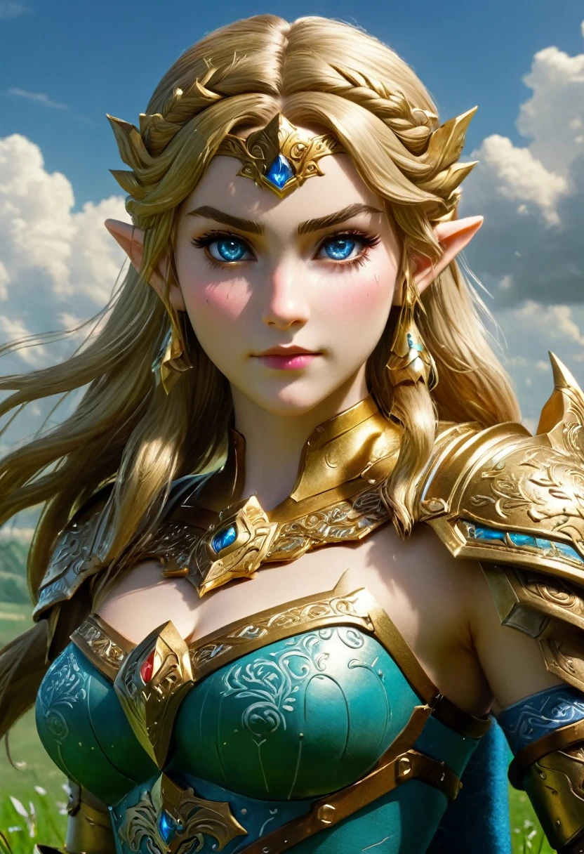 high details, best quality, 16k, [ultra detailed], masterpiece, best quality, (extremely detailed), full body, ultra wide shot, photorealistic, , fantasy art, dnd art, rpg art, realistic art, a wide angle, (((anatomically correct))) a wallpaper of an Princess Zelda, ready for battle with her mount (intense details, Masterpiece, best quality: 1.5),Princess Zelda (intense details, Masterpiece, best quality: 1.5), ultra detailed face, ultra feminine, fair skin, exquisite beauty, gold hair, long hair, wavy hair, small pointed ears, dynamic eyes color, wearing heavy mech armor, shinning metal, armed with elven sword, green meadows, blue skies background and some clouds background depth of field (intricate details, Masterpiece, best quality: 1.5), full body (intricate details, Masterpiece, best quality: 1.5), high details, best quality, highres, ultra wide angle, Mechanical Creatures