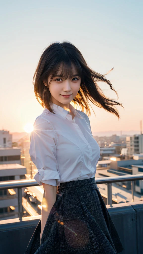 (Highest quality,masterpiece:1.3,Ultra-high resolution),(Very detailed,Caustics,8K),(Realistic:1.4,RAW shooting),(Shrapnel),Japanese,23 years old,cute,Are standing,(I'm looking at the camera with a smile on my face),Black hair medium hair,Big Breasts,White blouse,Knee-length skirt,Strong winds,Hair blowing in the wind,rooftop,Backlight,sunset,sunset sky,Waist up shot,Face Focus,Face close-up,Natural light