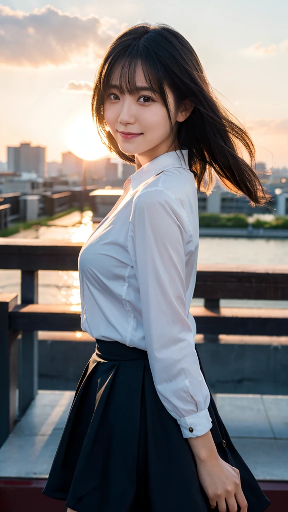 (Highest quality,masterpiece:1.3,Ultra-high resolution),(Very detailed,Caustics,8K),(Realistic:1.4,RAW shooting),(Shrapnel),Japanese,23 years old,cute,Are standing,(I'm looking at the camera with a smile on my face),Black hair medium hair,Big Breasts,White blouse,Knee-length skirt,Strong winds,Hair blowing in the wind,rooftop,Backlight,sunset,sunset sky,Waist up shot,Face Focus,Face close-up,Natural light