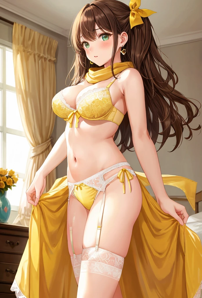 1 beautiful girl of 20 years old, anime girl, climbing into bed, in the room, (inside the room),  home interior, brown hair, bangs, hair over shoulder, long hair, messy hair, wavy hair, hair one side up, bangs pinned back, hair scarf, hair ornament, hairclip, heart hair ornament, raised eyebrows, aqua eyes, wide eyes, heart earrings, blush, bright pupils, puckered lips, confused, pensive, a finger on her lips, glossy lips, Exact finger count, Exact number of legs, (Exact number of arms:1.0, Exact number of hands:1.0), (Perfect hands, Perfect Anatomy), Cinematic, Extremely detailed CG, whole body, Perfect body, バランのとれたPerfect body, Perfectly balanced style, (Slender body:1.2), (Sexy and cute yellow underwear:1.3), (Stylish shiny yellow satin panties, Side-tie panties, The panties are plain yellow in the center with lace decoration on the sides.:1.3), (Thin panties with ribbon:1.3), (yellow micro lace satin bra, yellow bra with lace trim, Thin bra with ribbon:1.3), (lace garter belt, Garter Strings:1.3), (Beautiful big, Cleavage:1.1), thin waist, open legs, wallpaper, detailed eyes, extra detailed face, Highly detailed CG, she leans forward, angle from the front, from below, from side, looking at viewer, pov, illustration, high detail, anime, Art Deco, glowing light, dithering, image fill, framed, perspective, Wide-Angle, f/1.8, 85mm, 135mm, Sony FE, 8k, super detail, UHD, retina, masterpiece, accurate, anatomically correct, high quality, best quality, highres