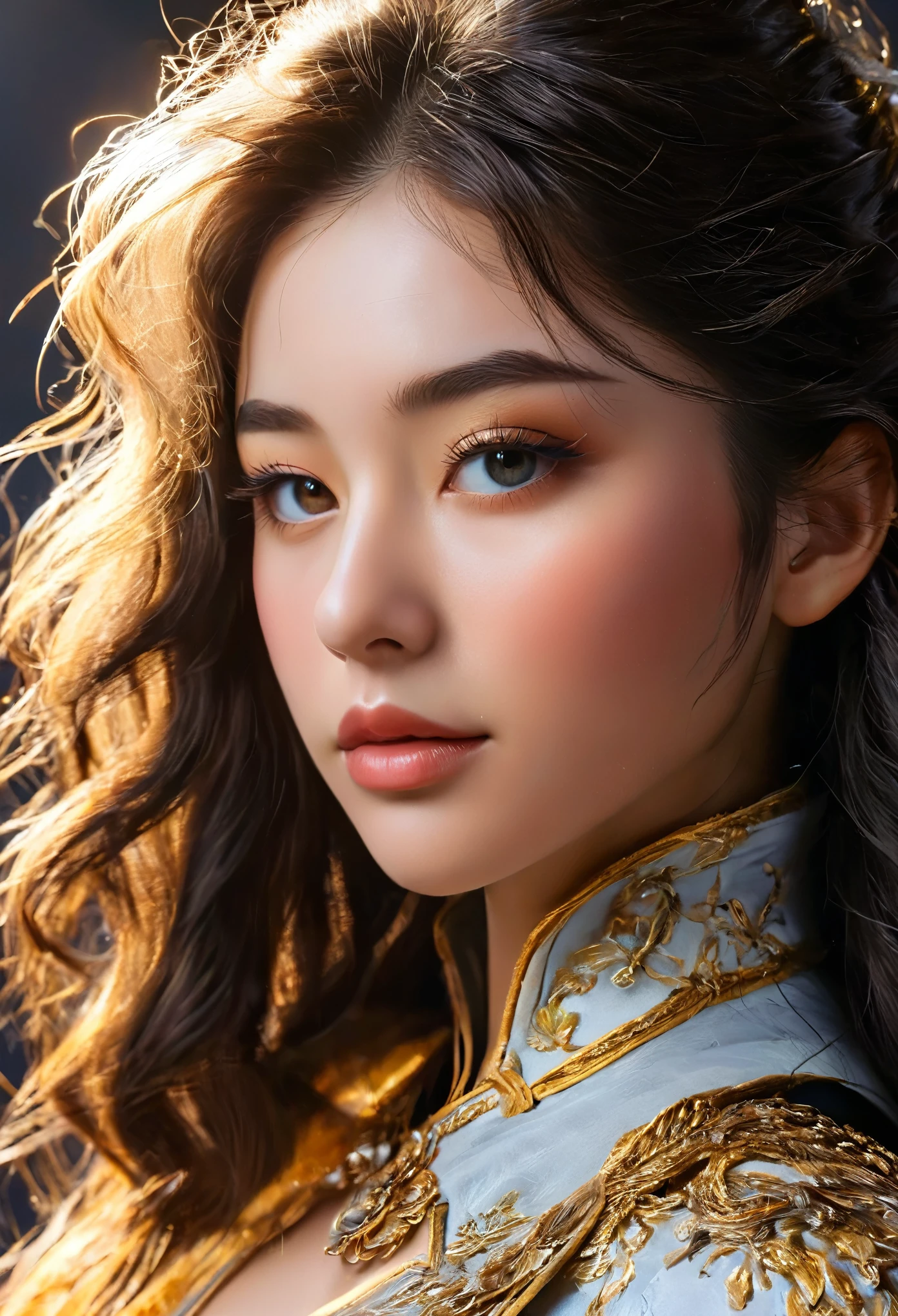 Very beautiful young woman, Subtle makeup, Golden Hour, Realistic, High Contrast, 8k HD, detailed, hyper-detailed, Realistic skin texture, (She is half French and half Japanese, and is a stunning beauty with detailed eyes and a high nose:1.1), long eyelashes, Long black hair, Large Breasts, Highest quality, Ultra-high resolution, RAW Photos, Dramatic lighting, Unreal Engine, Diffused glow complex silver airbag, White Emperor's Cape, gun, sword, Rudderless