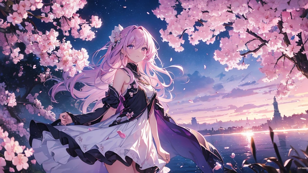 (high resolution, Practical, 4K, Extremely detailed, masterpiece:1.2),1 hermaphrodite girl, , Unisex, Shiny purple eyes, pink medium length hair, shoulder-length, White Dress, clothes, floating dress, Fleeting, Transparent girl, nihilistic, expressionless, poker face, Dynamic poses, phosphorescence, Magic Aura, Light Particles, Full of cherry blossom trees, and Silent, Mysterious background, Dramatic Lighting, Magical atmosphere, Bright colors, Charming beauty