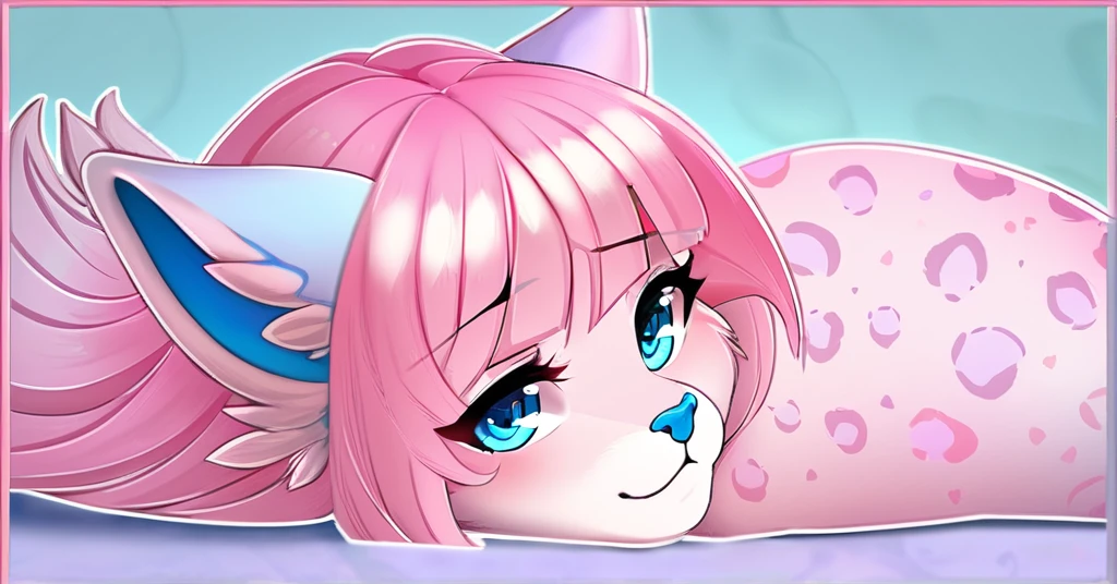 feline, mammal, anthro, anthromorphic, heart, leopard, fur, furred_anthro, female, female, bangs, ear_tufts, hair_tuft, hair_between_eyes, long_tail, fluffy, feline_ears, expressive_eyes, pink_hair, light looking_at_viewer, pink_fur, shy, small_pupils, spotted_pattern, digital_art, high_resolution, high_res, pastel_background, white_outline, plain background, outline around character, pastel_pink_hair, blue_eyes, blue_ears, blue_nose, laying_down, laying