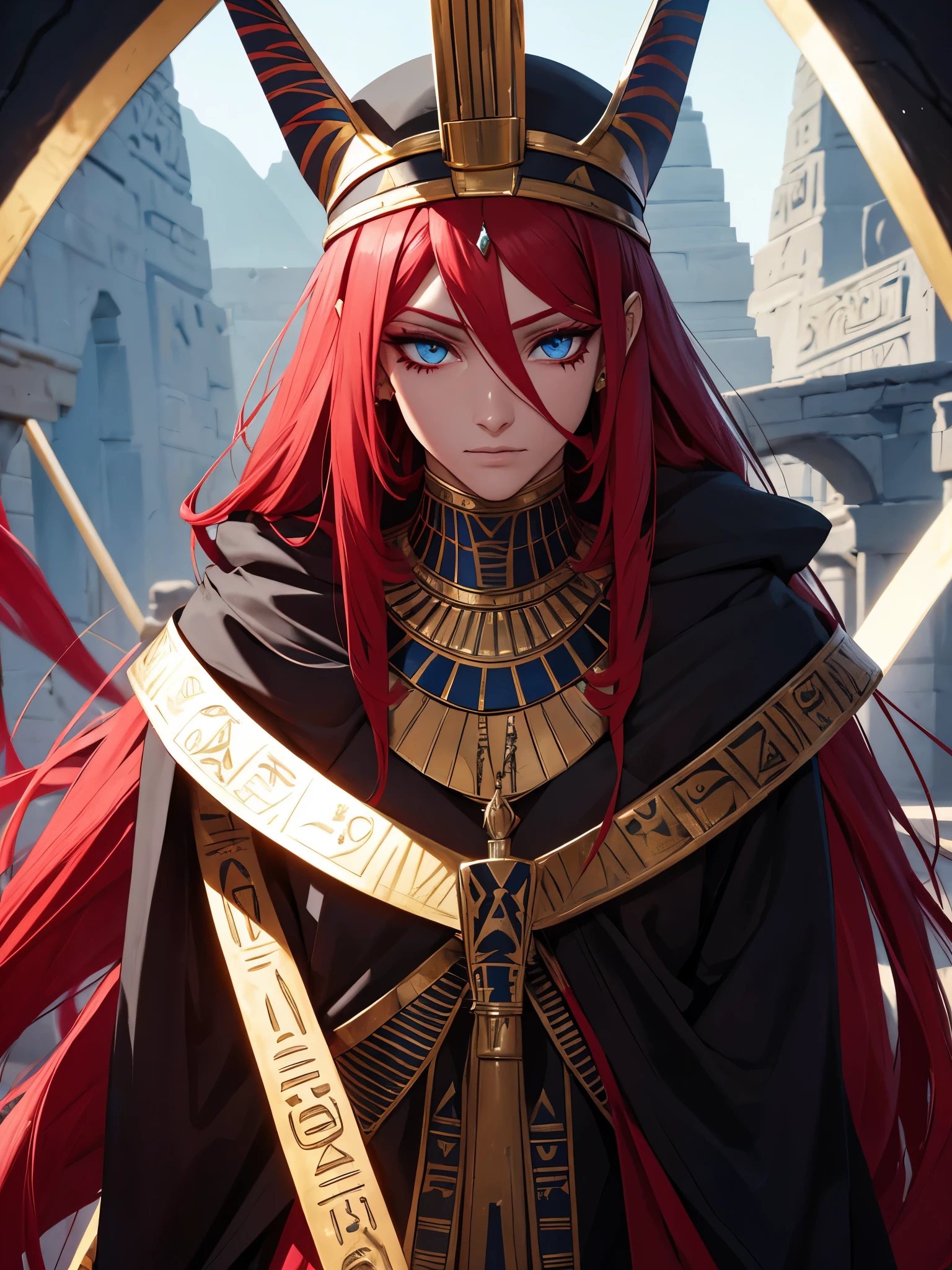 Egyptian deity Seth. long red hair, black colored clothes, red clothes. silver jewelry. light skin. Desert. Thron. Tattoos, Egyptian. blue eyes. Rotes Make Up.