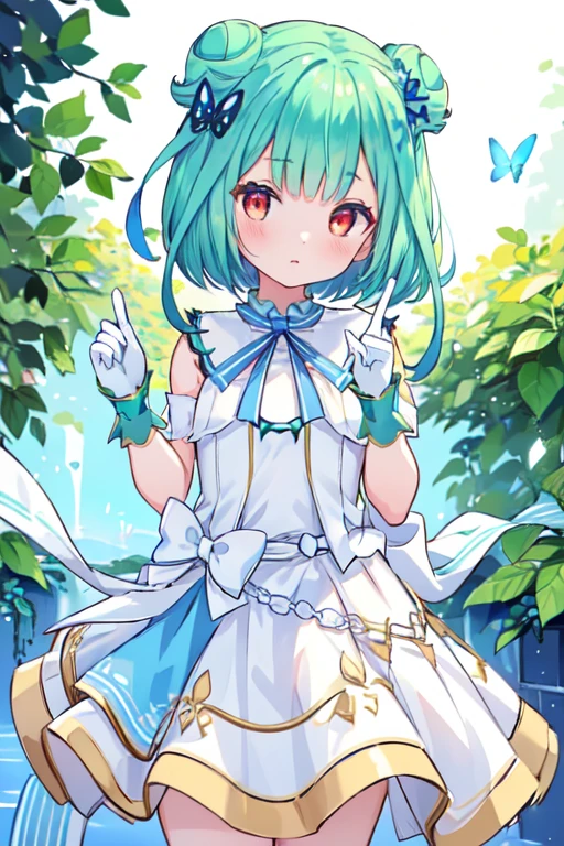 (best quality, masterpiece:1.2), ultra detailed, extremely detailed eyes and face, natural skin texture, detailed skin, natural lighting,
1 girl, (cute),
rushia_idol, green hair, short hair, double bun, idol outfit, white gloves, blue bow, butterfly hair ornament,
