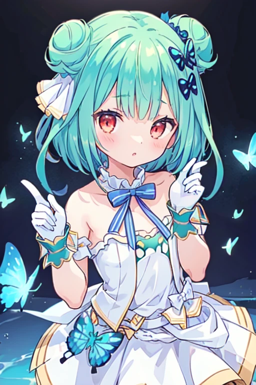 (best quality, masterpiece:1.2), ultra detailed, extremely detailed eyes and face, natural skin texture, detailed skin, natural lighting,
1 girl, (cute),
rushia_idol, green hair, short hair, double bun, idol outfit, white gloves, blue bow, butterfly hair ornament,