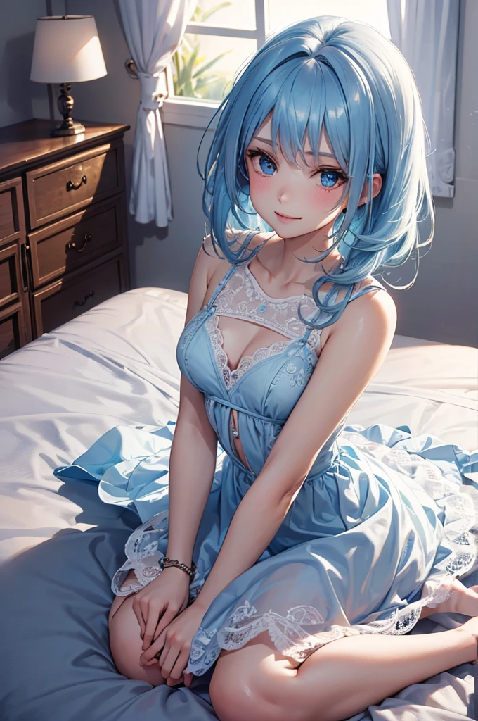 Best Quality,High resolution,8K,finelity detailed background,Masterpiece:1.2),beautiful girl,Shiny light blue hair,asymmetrical hair,Light blue eyes,Gentle look,A refreshing look,Smile shyly,Best quality,Best Quality,Aesthetic and aesthetic:1.2,Best details((Super detailed))(High-definition CG illustrations),Purple underwear (gray,intricate lace),Slender body,night,moon,Bedroom,On the bed,smile,blush,cute,Scrounge,Looking up,Being spoiled,super model,wariza,shoot from above