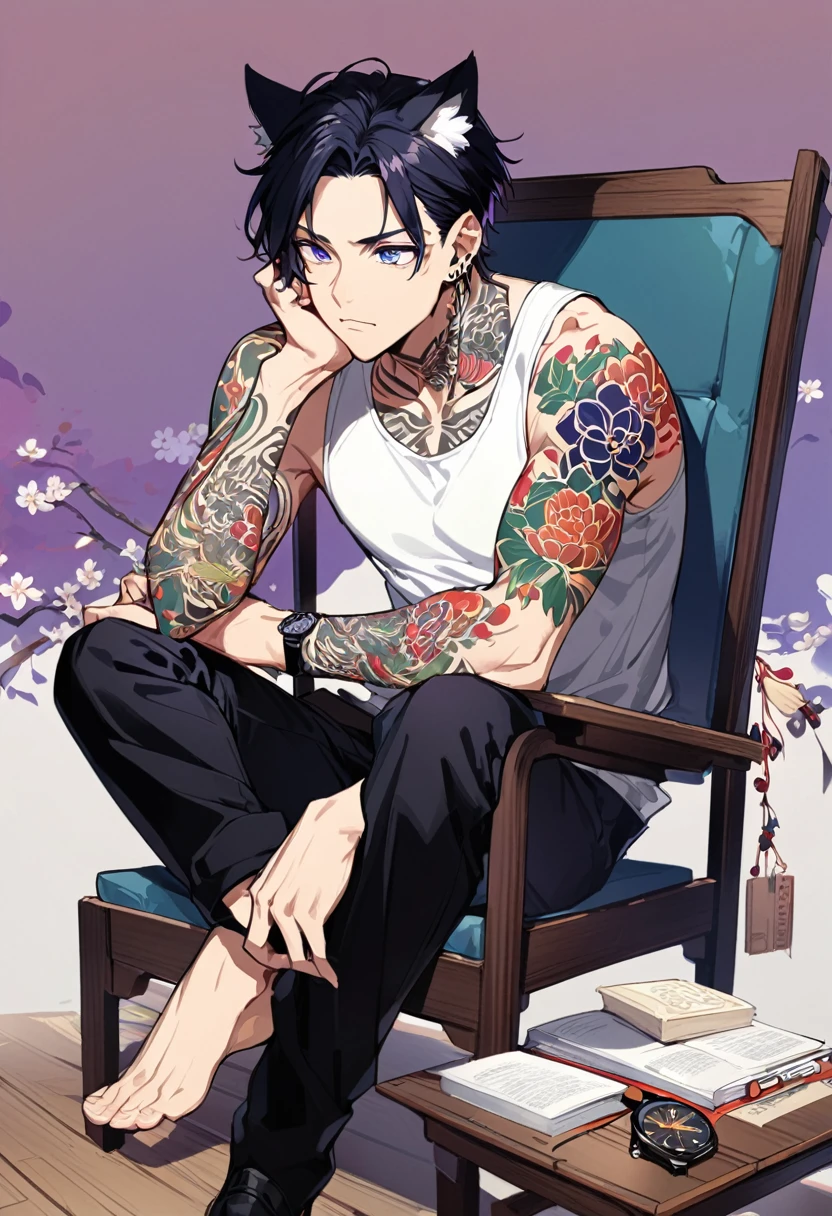 1man, short black hair, cat ears, bright blueviolet eyes, wearing a blueviolet casual jacket, wearing a white undershirt, wearing black pants , wearing a vintage blueviolet watch, thinking pose, japanese style tattoos, colorfull tattoos, tattoos all over the arms, sitting in chair