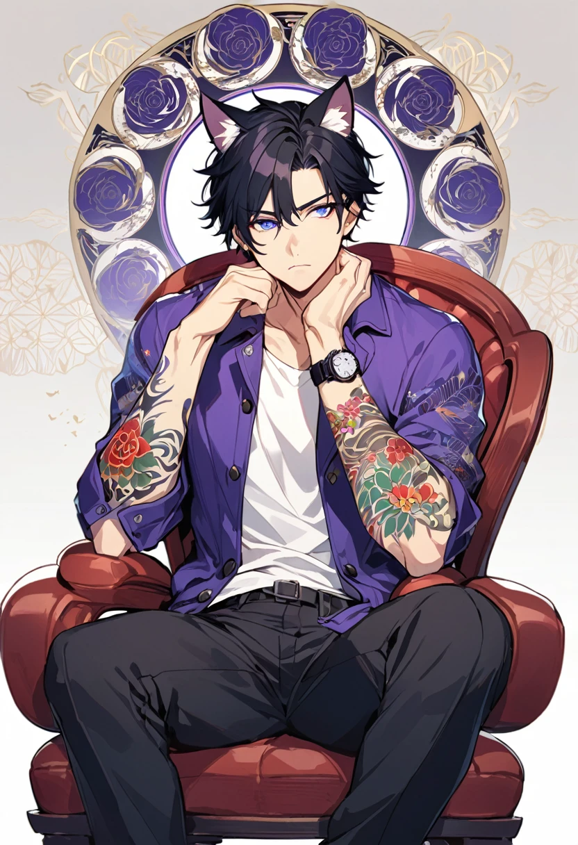 1man, short black hair, cat ears, bright blueviolet eyes, wearing a blueviolet casual jacket, wearing a white undershirt, wearing black pants , wearing a vintage blueviolet watch, thinking pose, japanese style tattoos, colorfull tattoos, tattoos all over the arms, sitting in chair