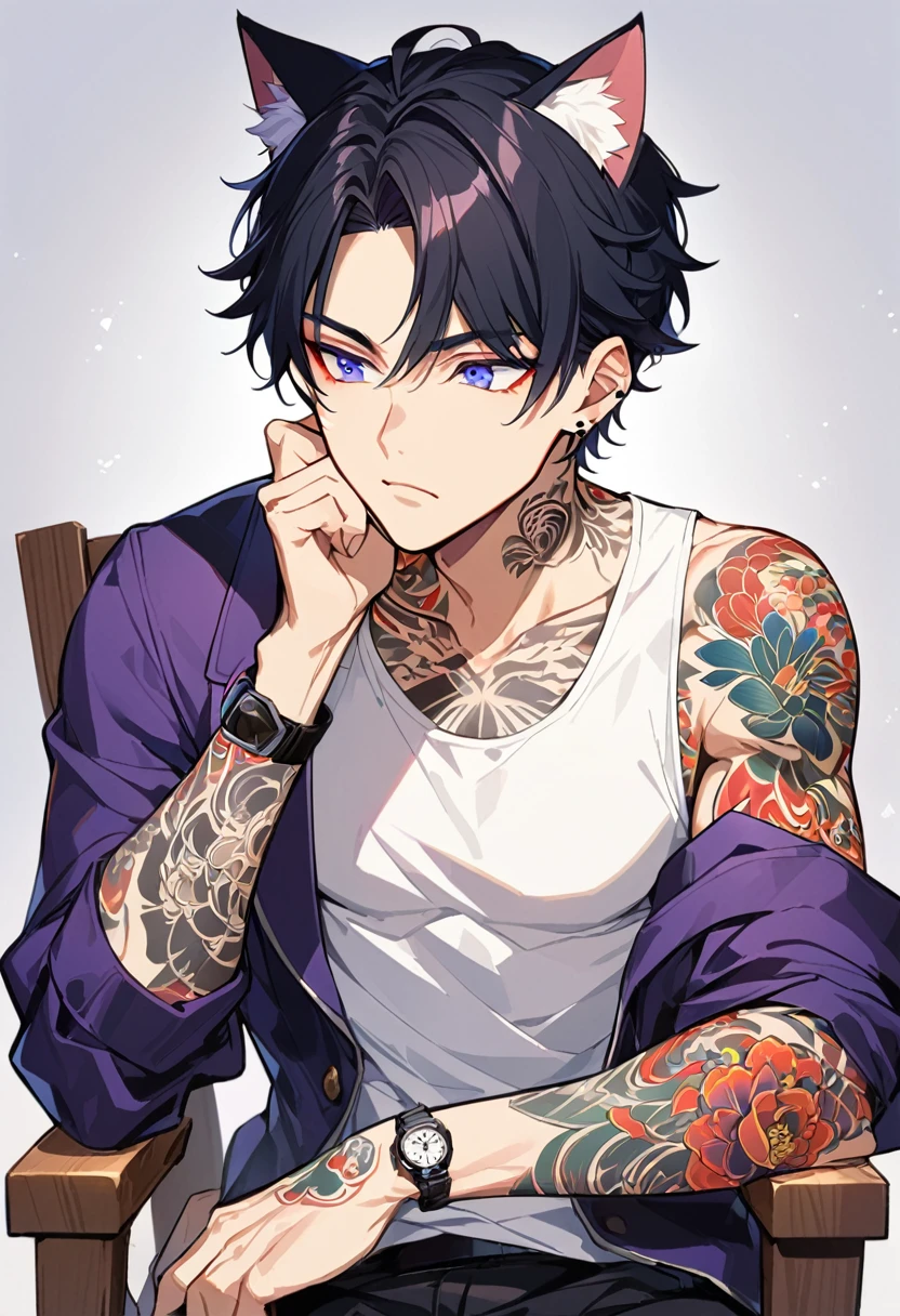 1man, short black hair, cat ears, bright blueviolet eyes, wearing a blueviolet casual jacket, wearing a white undershirt, wearing black pants , wearing a vintage blueviolet watch, thinking pose, japanese style tattoos, colorfull tattoos, tattoos all over the arms, sitting in chair